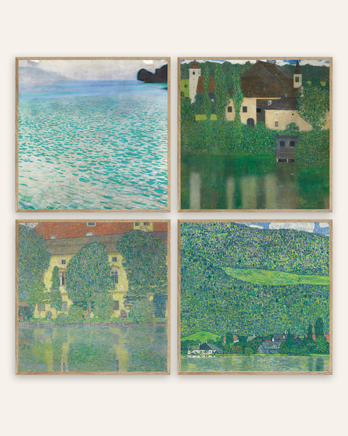 Affiches Klimt, lot de 4 : l’Attersee, le château de Kammer et Litzlberg, cadres en chêne naturel
