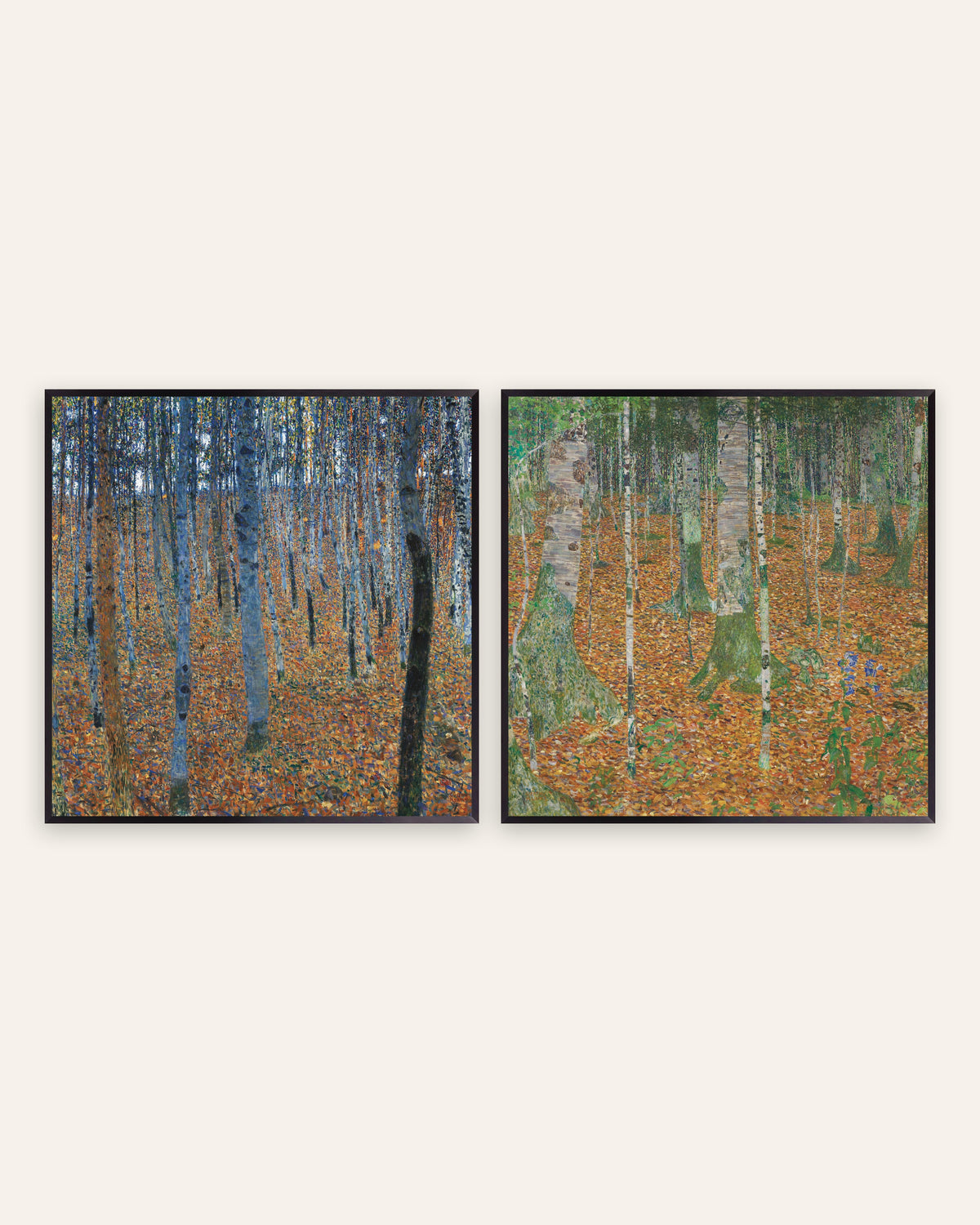 Affiches Klimt, lot de 2 : Forêt de hêtres I et Forêt de bouleaux, cadres en métal noir