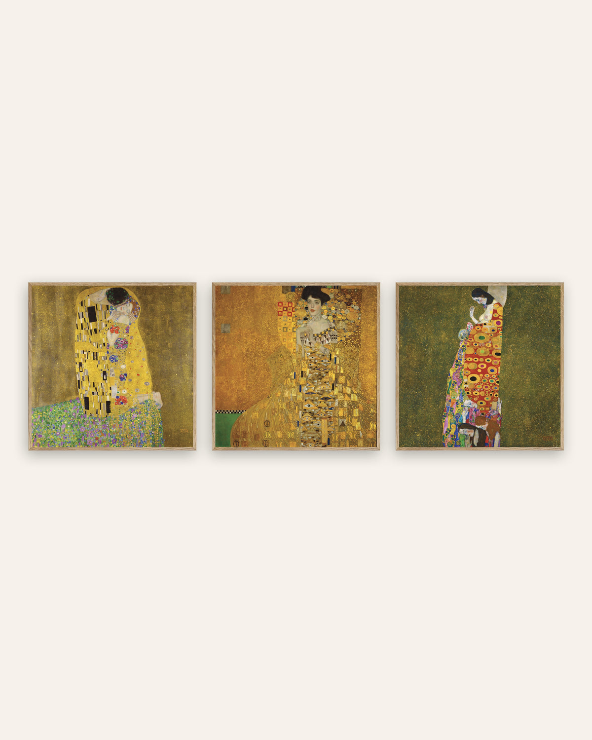 Affiches Klimt, lot de 3 : Le Baiser, Adele Bloch-Bauer I et L’Espoir II, cadres en chêne naturel