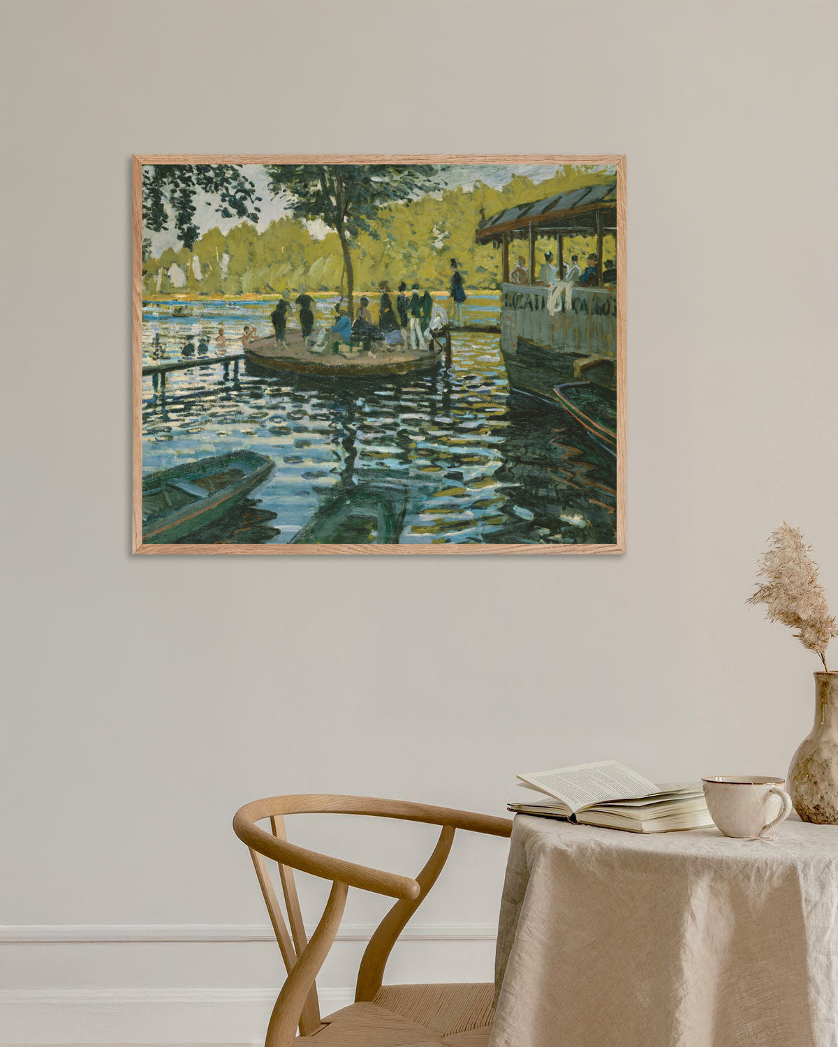 Affiche La Grenouillère (1869) de Claude Monet, avec un cadre en bois naturel