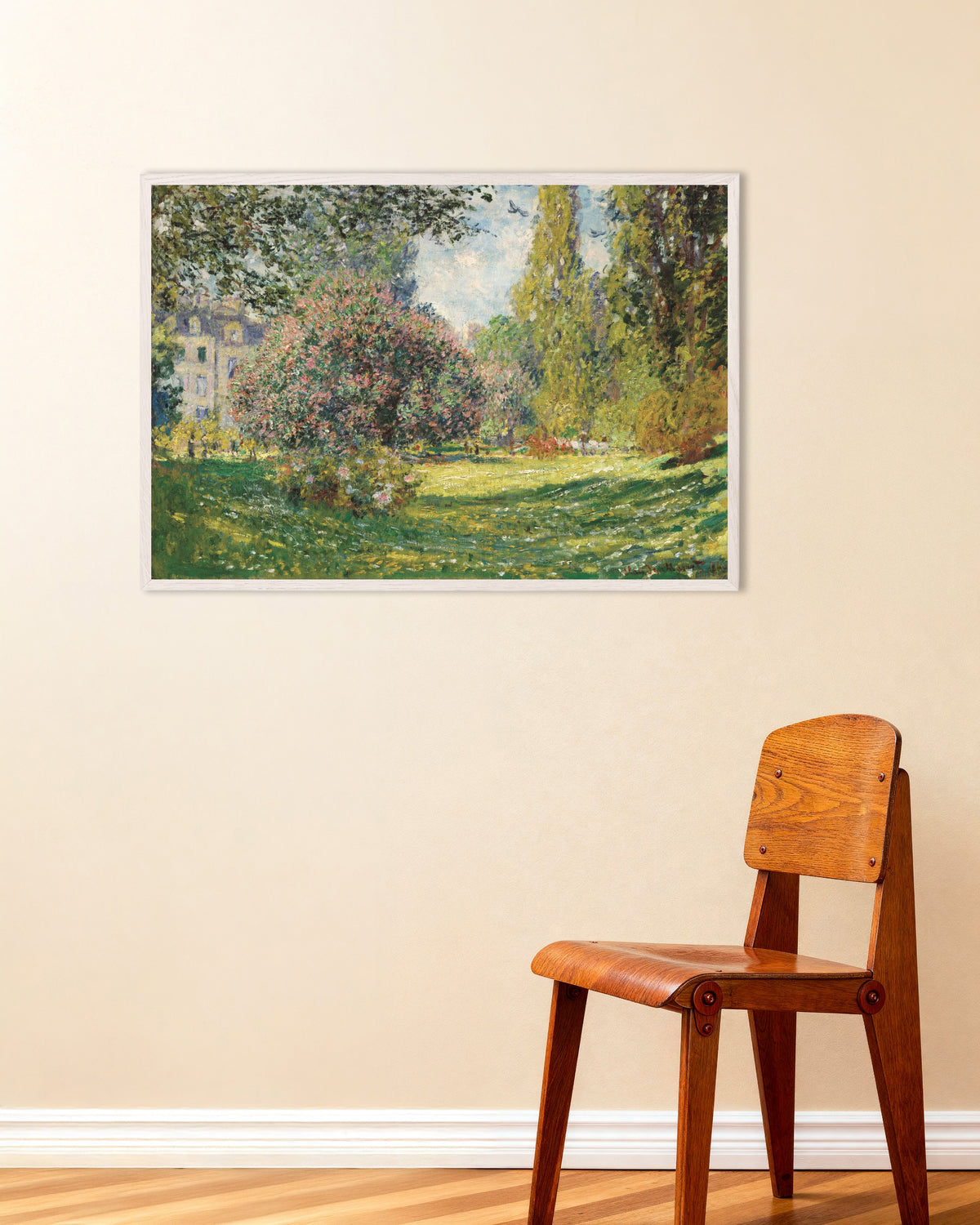 Affiche Paysage, le parc Monceau (1876) de Claude Monet, avec un cadre en bois blanc