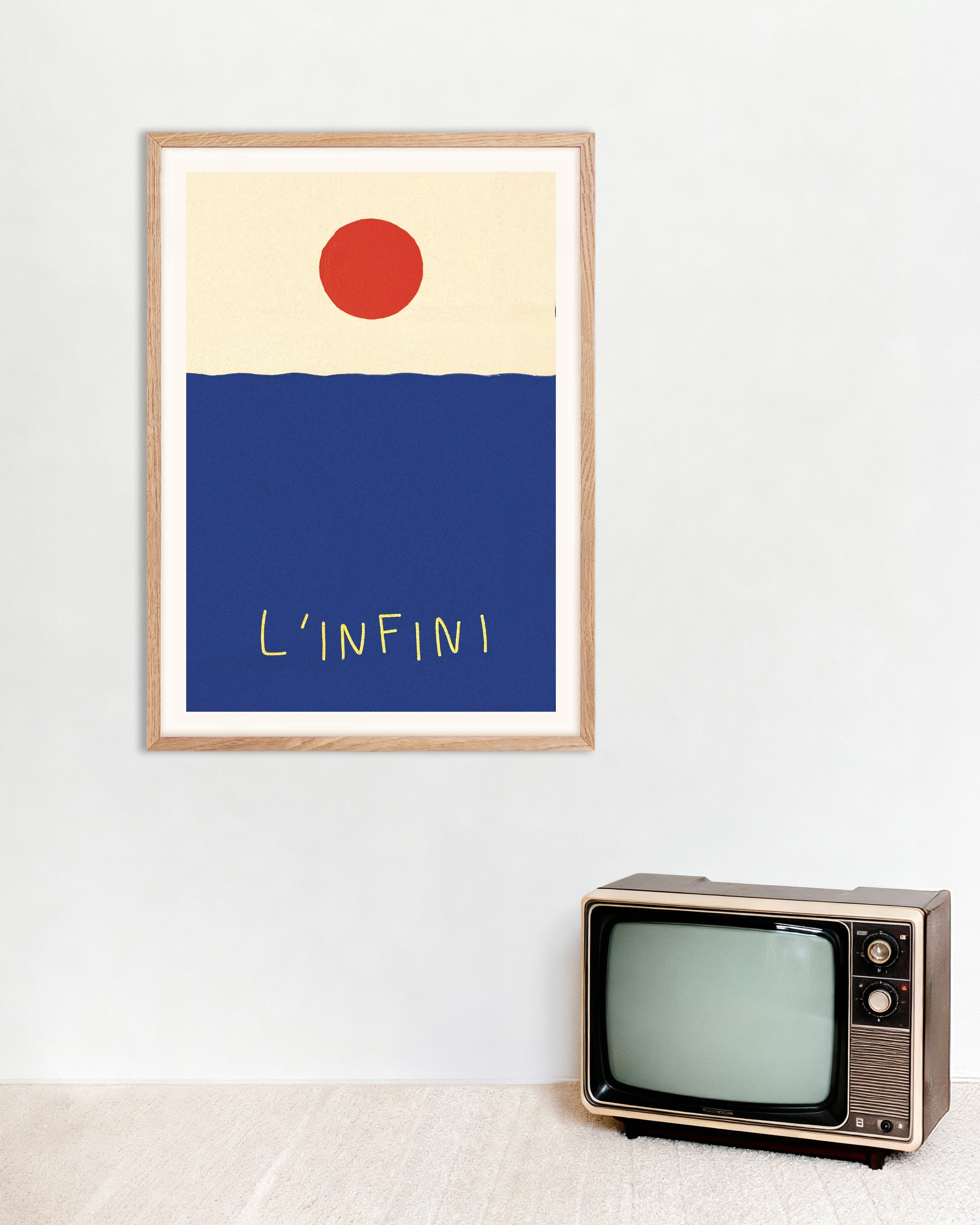 Poster of L’Infini: Red Sun Over Blue Sea Poster, with natural wooden frame