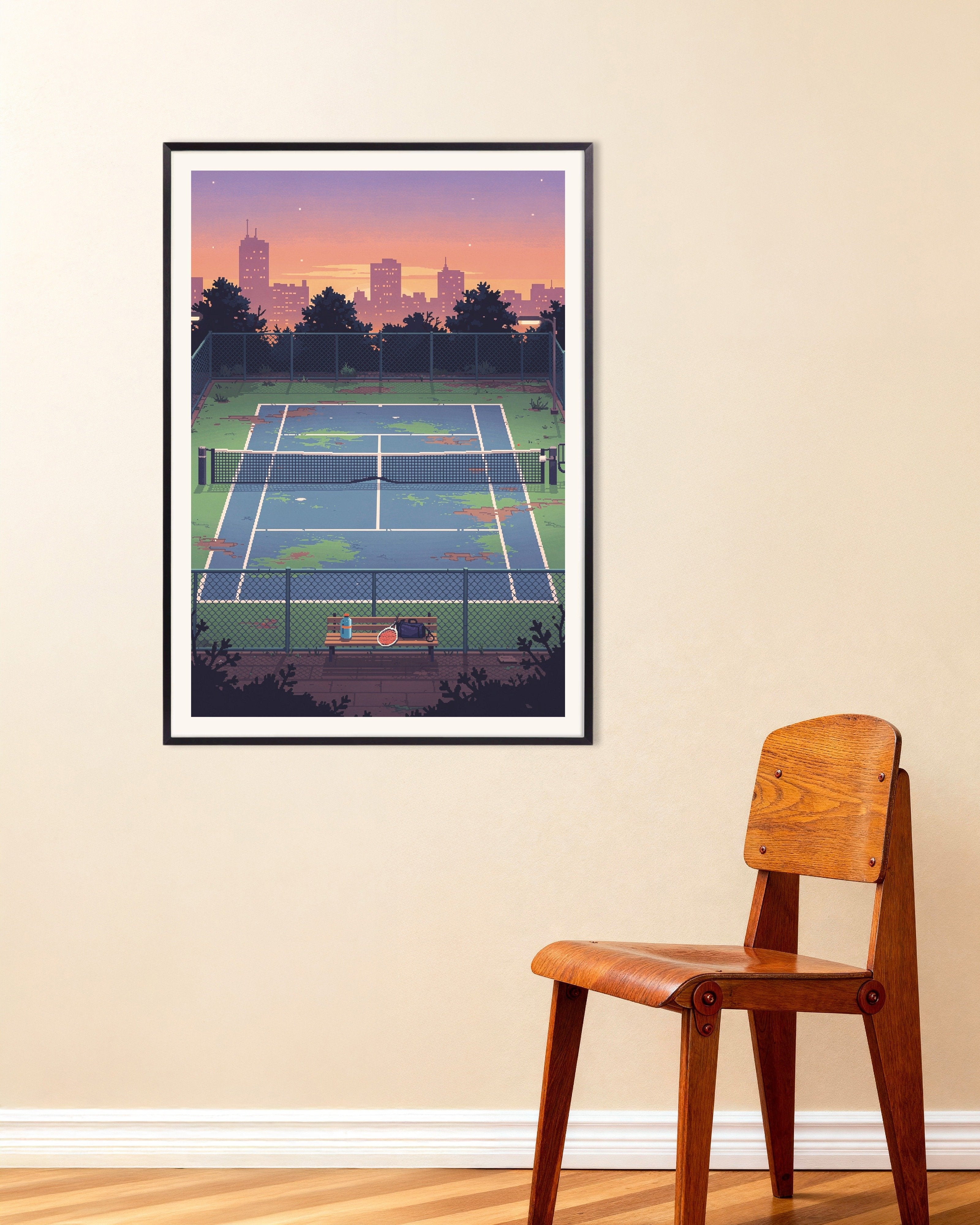 Poster of Lo-Fi Sunset Court - Pixel Art Poster, with metal frame