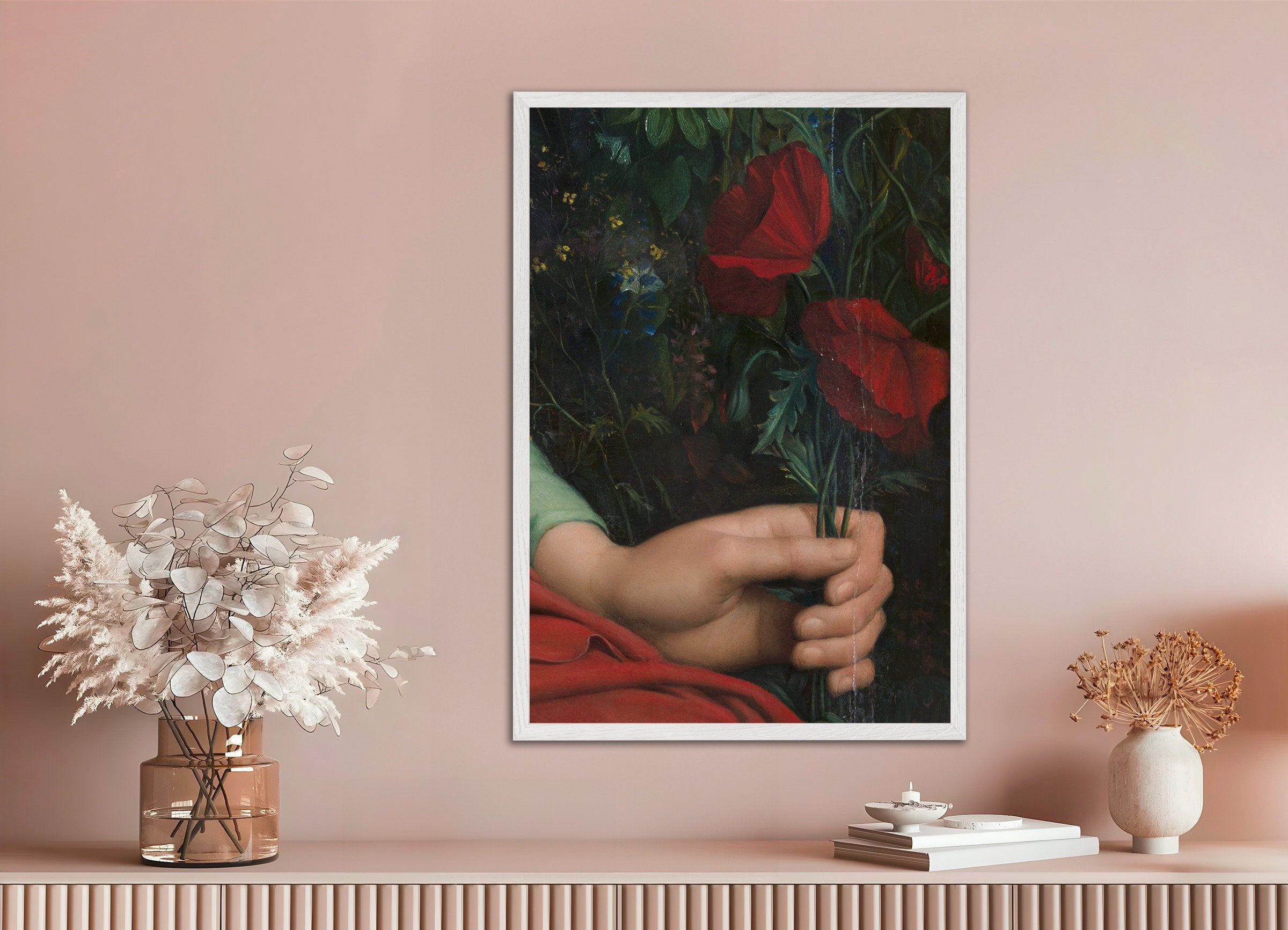 Poster of Louis Janmot "Fleur des Champs" Hand Detail - Red Tulips Art Print, with white wooden frame
