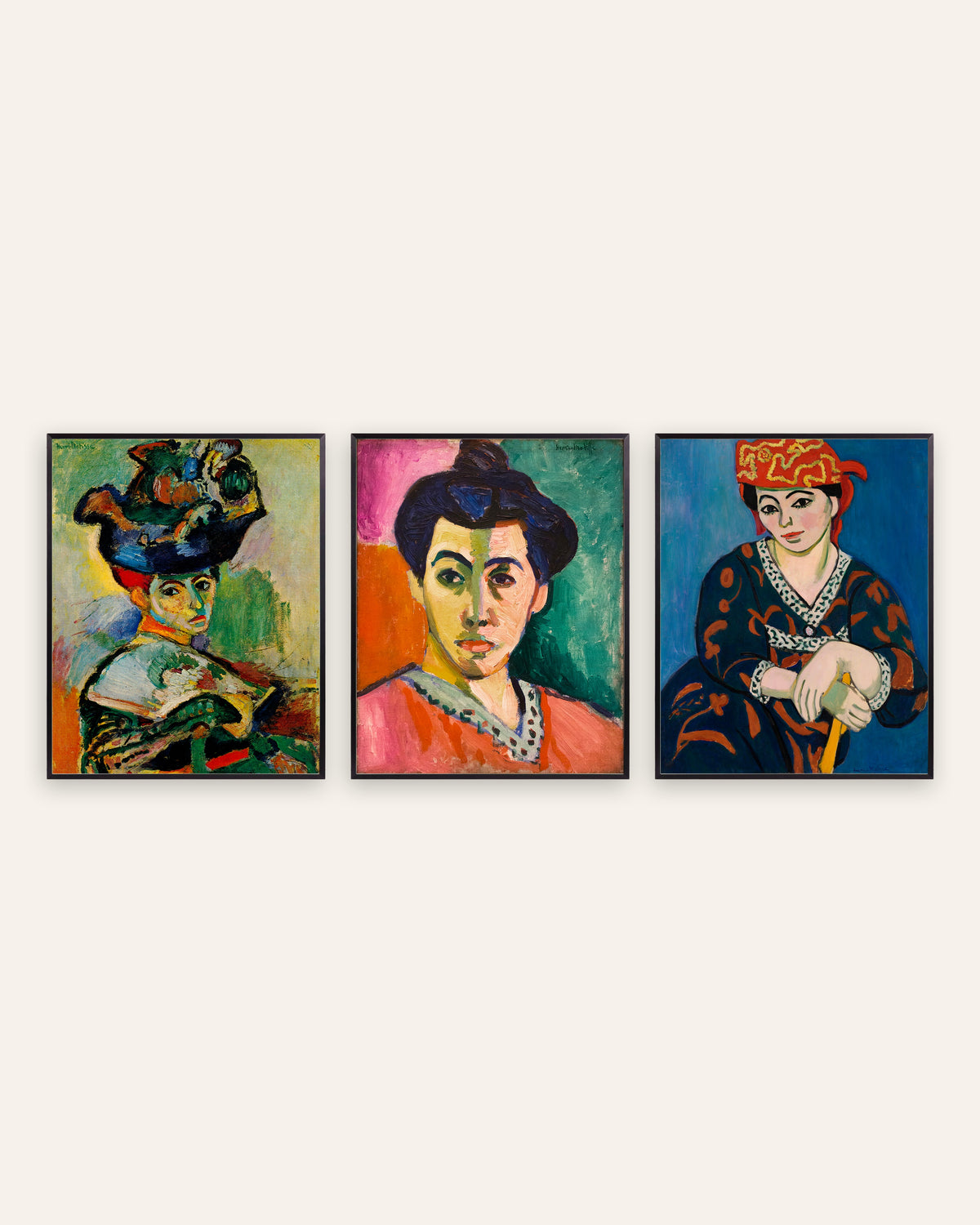 Affiches Matisse, lot de 3 portraits fauves : Femme au chapeau, Madame Matisse et Le Madras rouge, cadres en métal noir