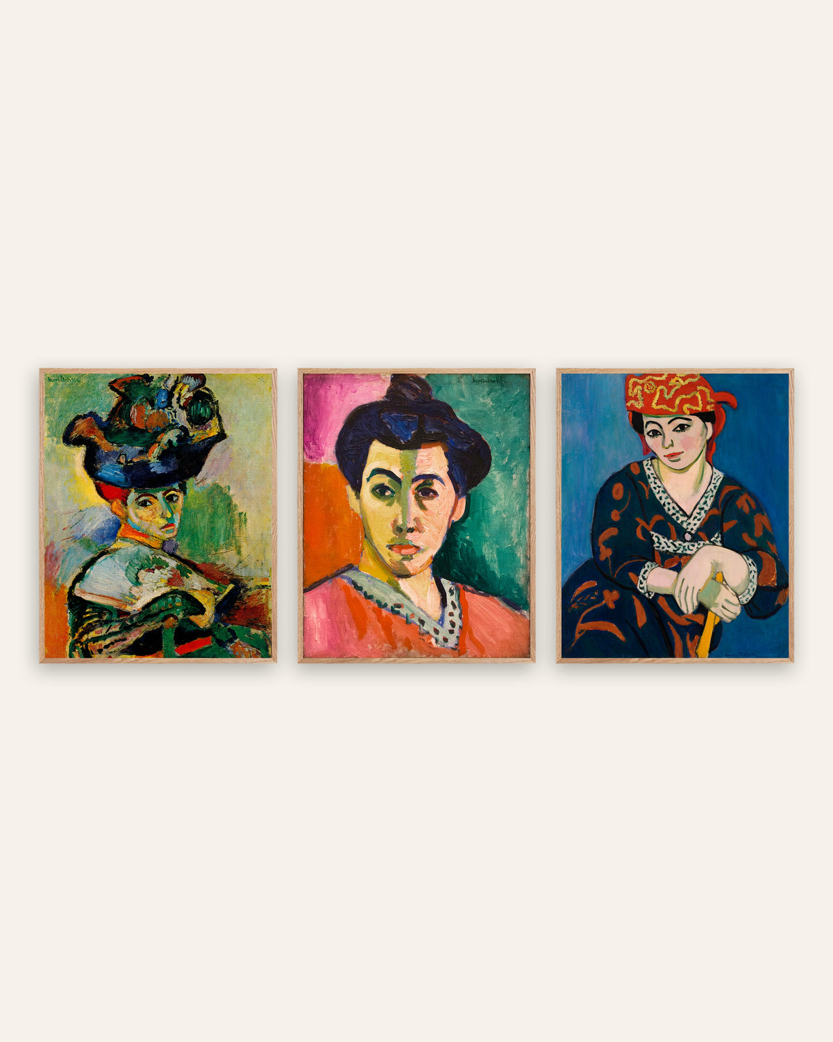 Affiches Matisse, lot de 3 portraits fauves : Femme au chapeau, Madame Matisse et Le Madras rouge, cadres en chêne naturel