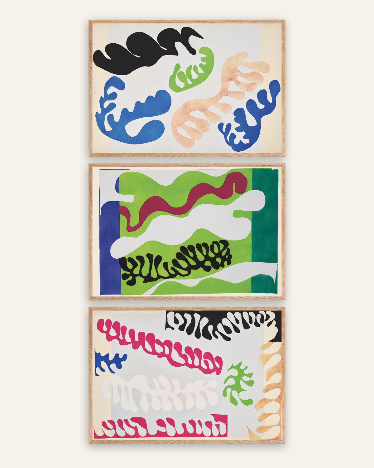Affiches Matisse Jazz, lot de 3 : Le Lagon en bleu, en vert et en rose, cadres en chêne naturel