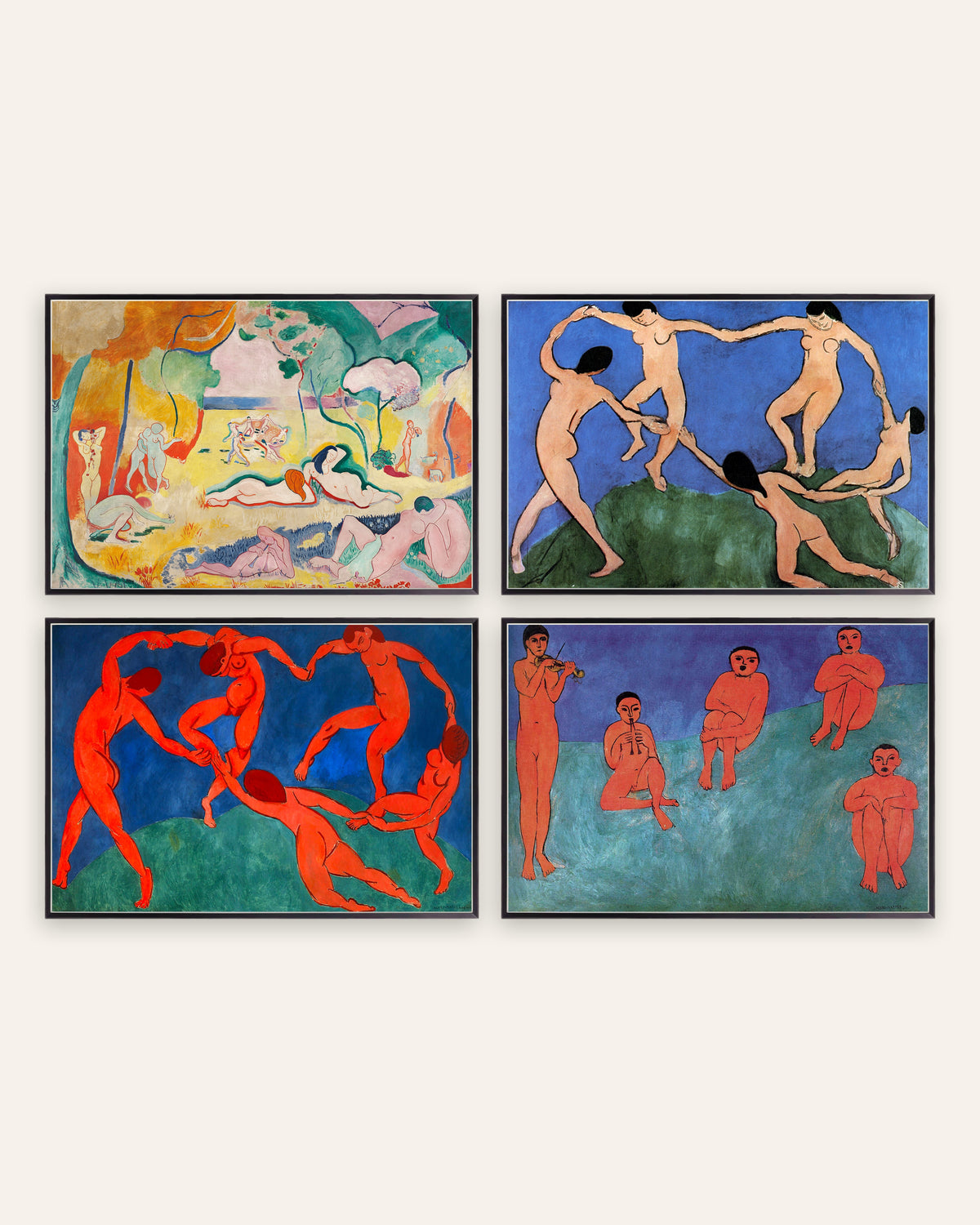 Affiches Matisse, lot de 4 : Le Bonheur de vivre, La Danse I et II et Musique, cadres en métal noir