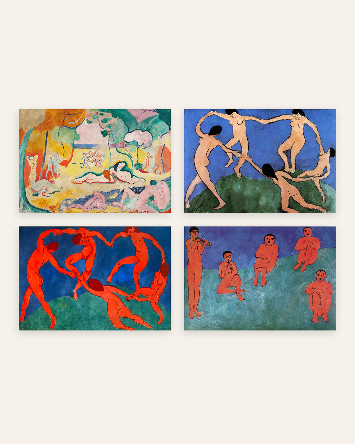 Affiches Matisse, lot de 4 : Le Bonheur de vivre, La Danse I et II et Musique, sans cadre