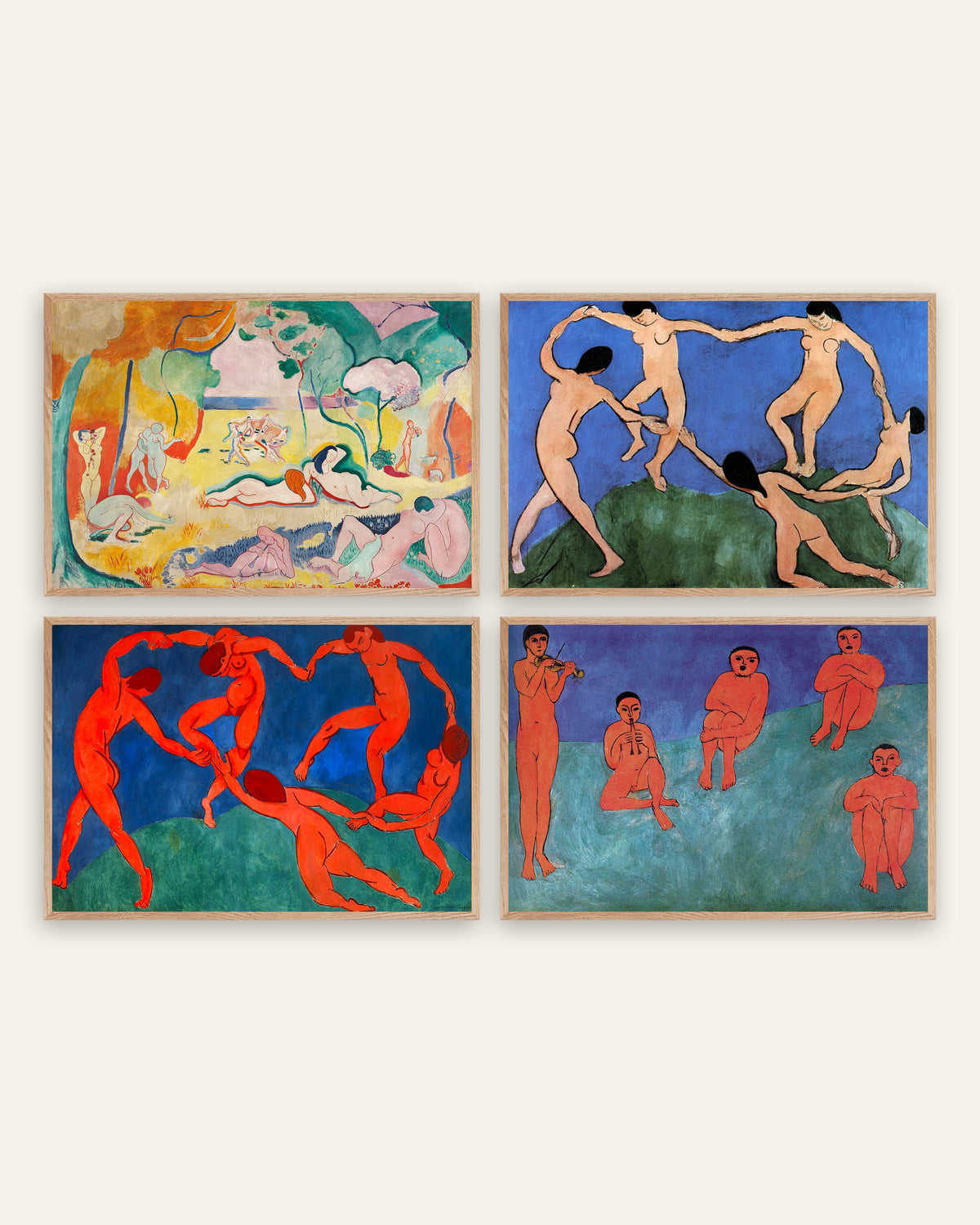 Affiches Matisse, lot de 4 : Le Bonheur de vivre, La Danse I et II et Musique, cadres en chêne naturel