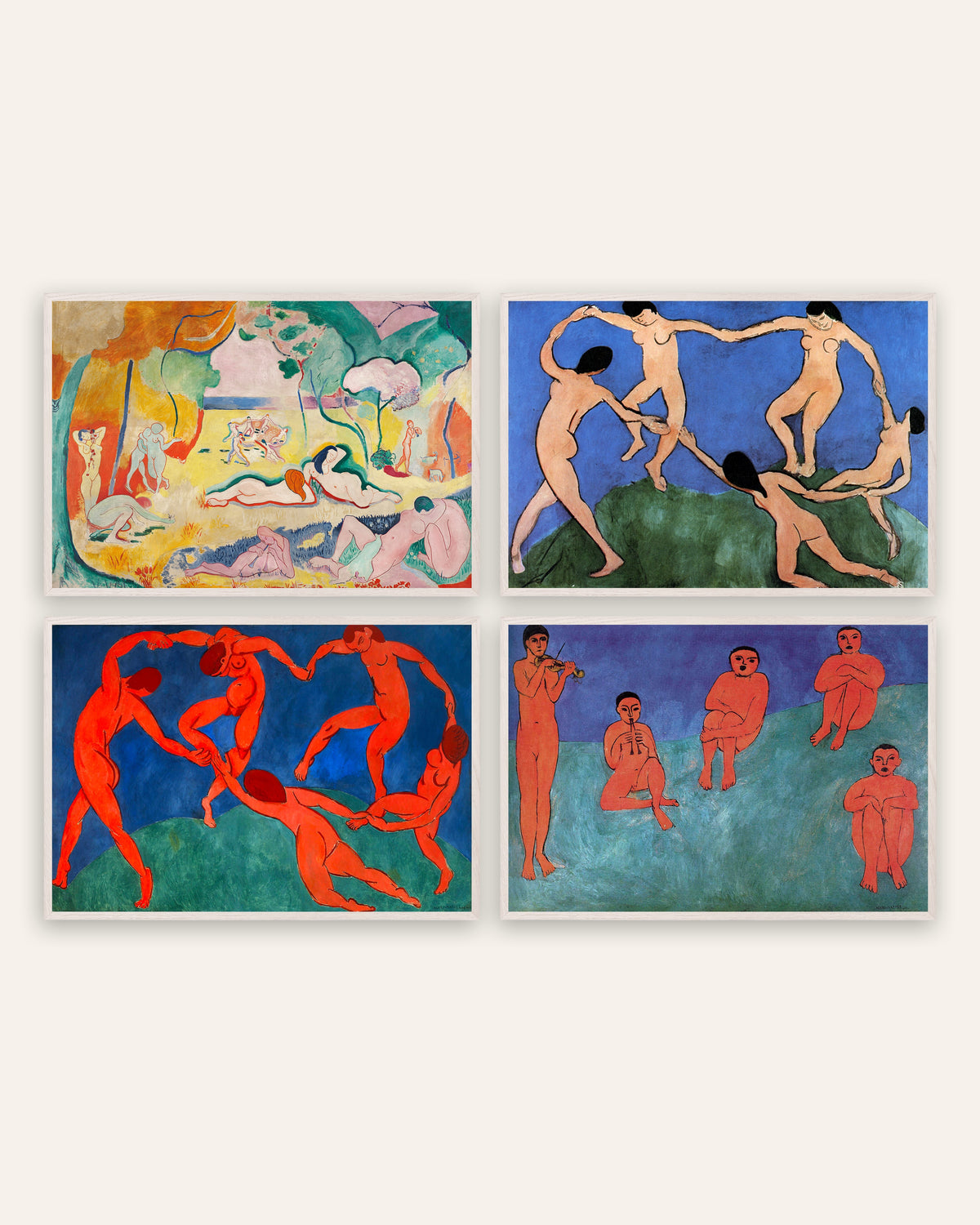 Affiches Matisse, lot de 4 : Le Bonheur de vivre, La Danse I et II et Musique, cadres en chêne blanc