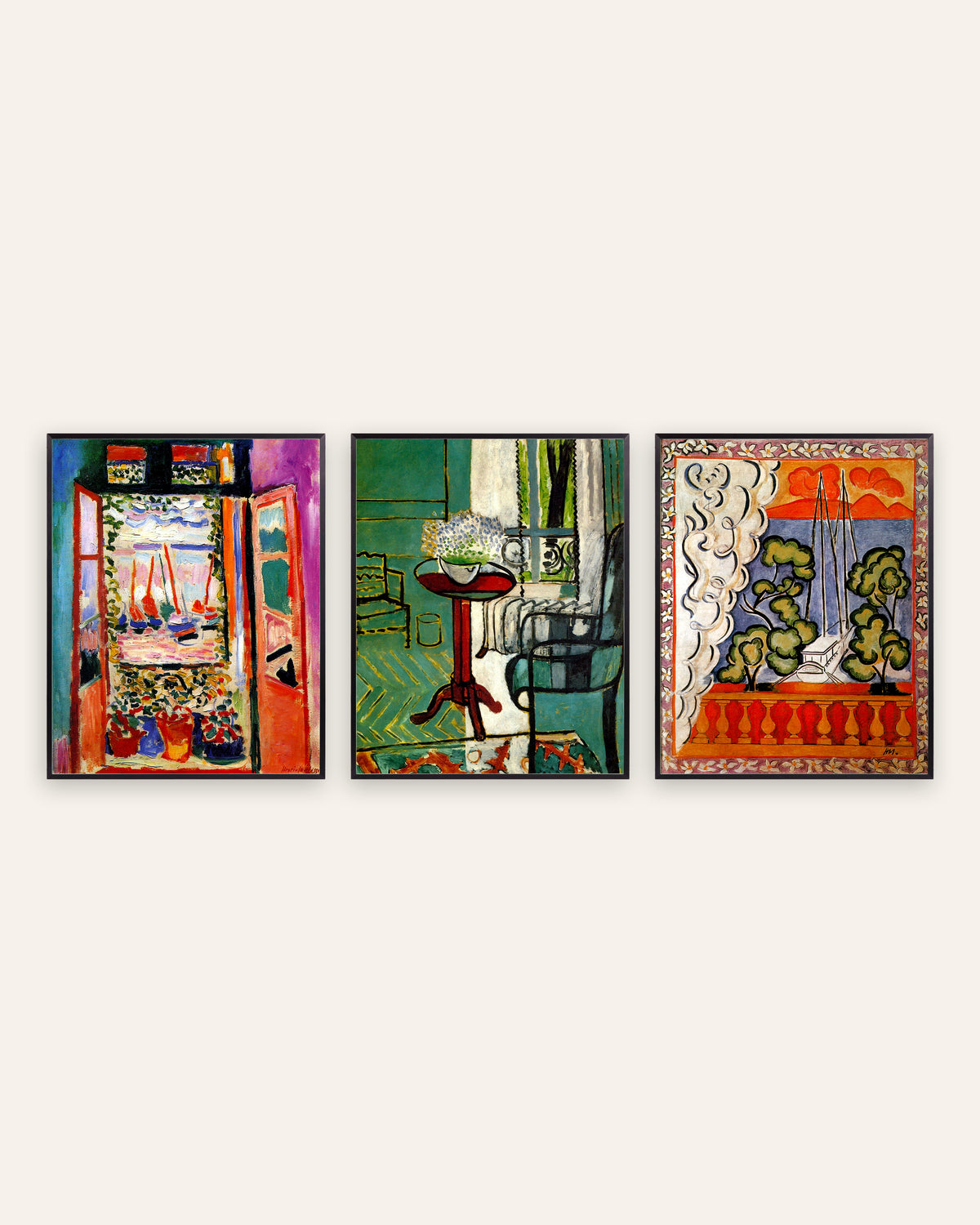 Affiches Matisse, lot de 3 : fenêtres de Collioure, aux myosotis et à Tahiti, cadres en métal noir