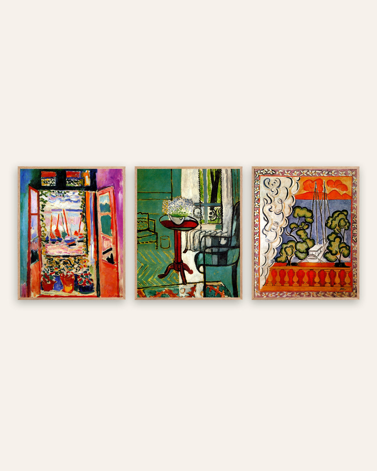 Affiches Matisse, lot de 3 : fenêtres de Collioure, aux myosotis et à Tahiti, cadres en chêne naturel