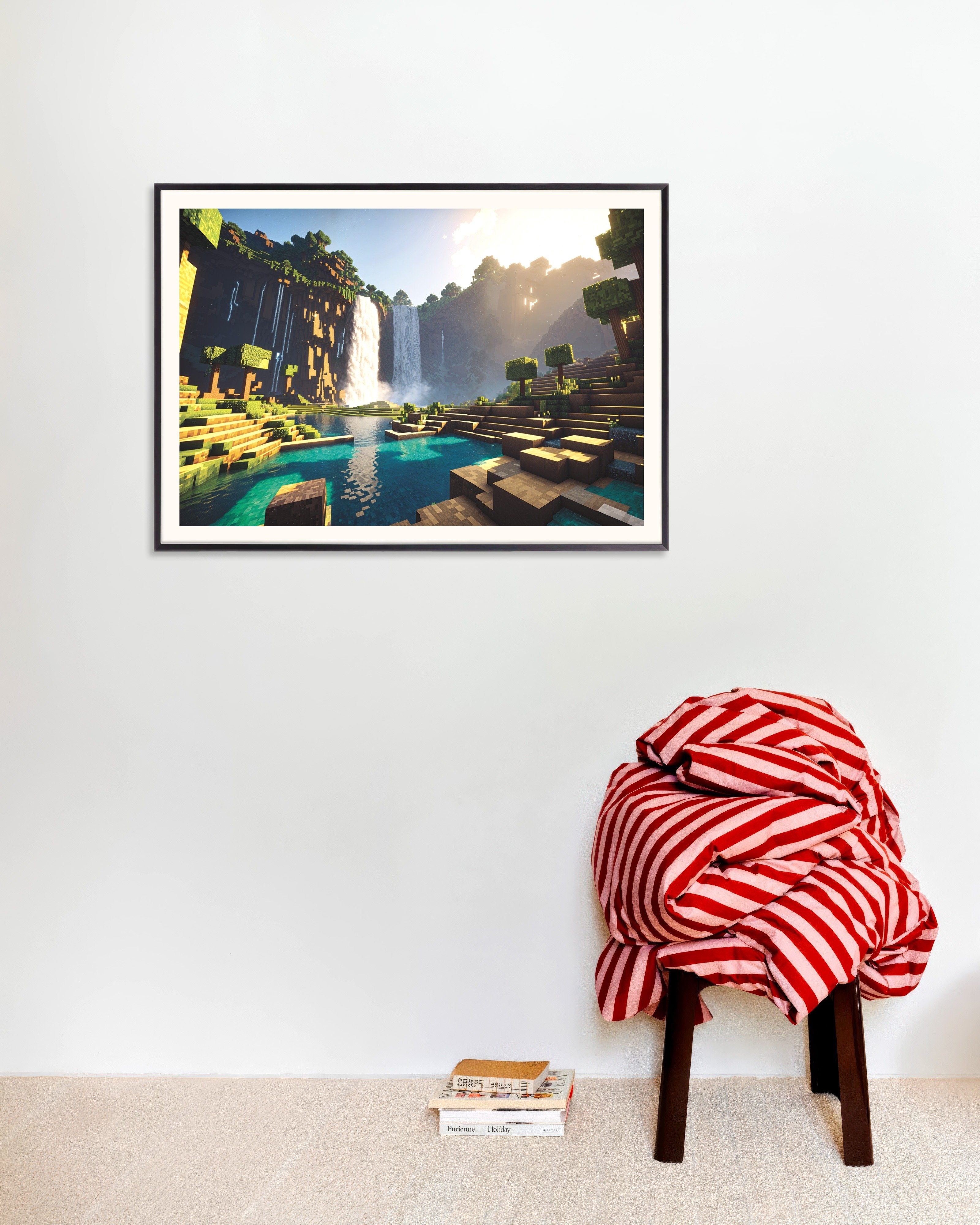 Poster of Minecraft waterfall landscape print, with metal frame