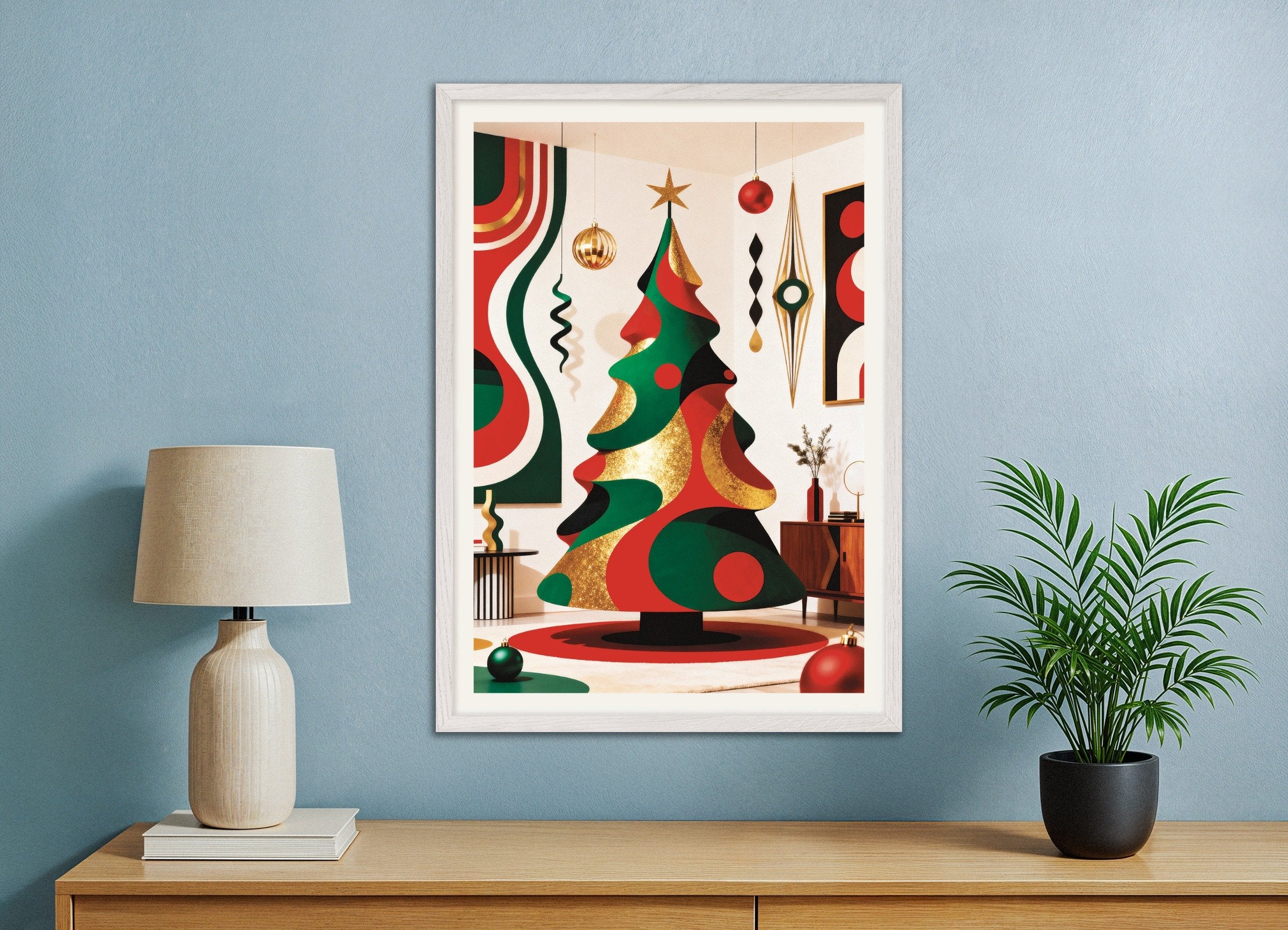 Poster of Modern design Christmas tree poster, with white wooden frame