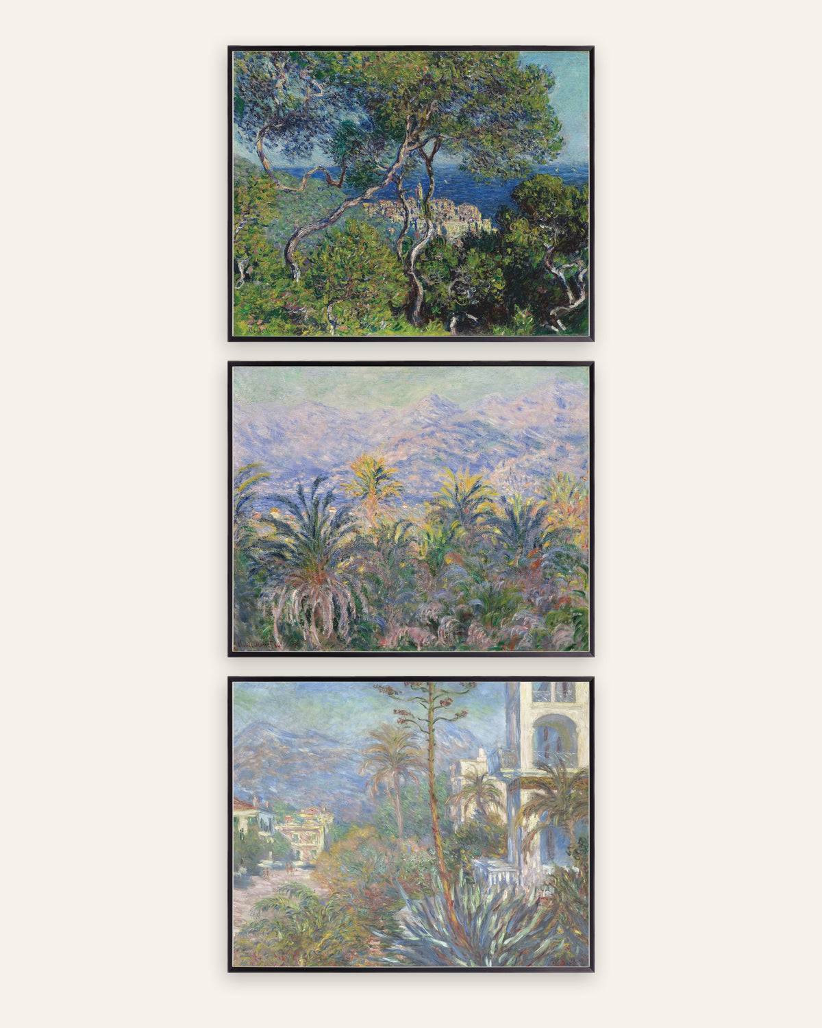 Affiches Monet Bordighera, lot de 3 : pins, palmiers et villas de la Riviera, cadres en métal noir