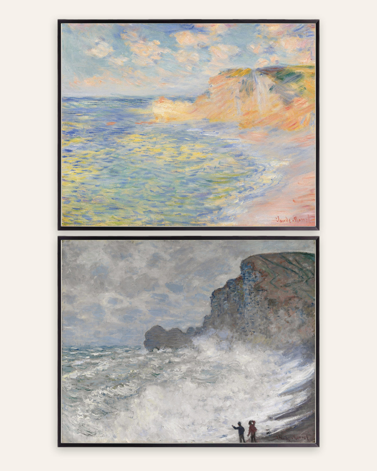 Affiches Monet Étretat, lot de 2 : falaise d’Amont et gros temps, cadres en métal noir