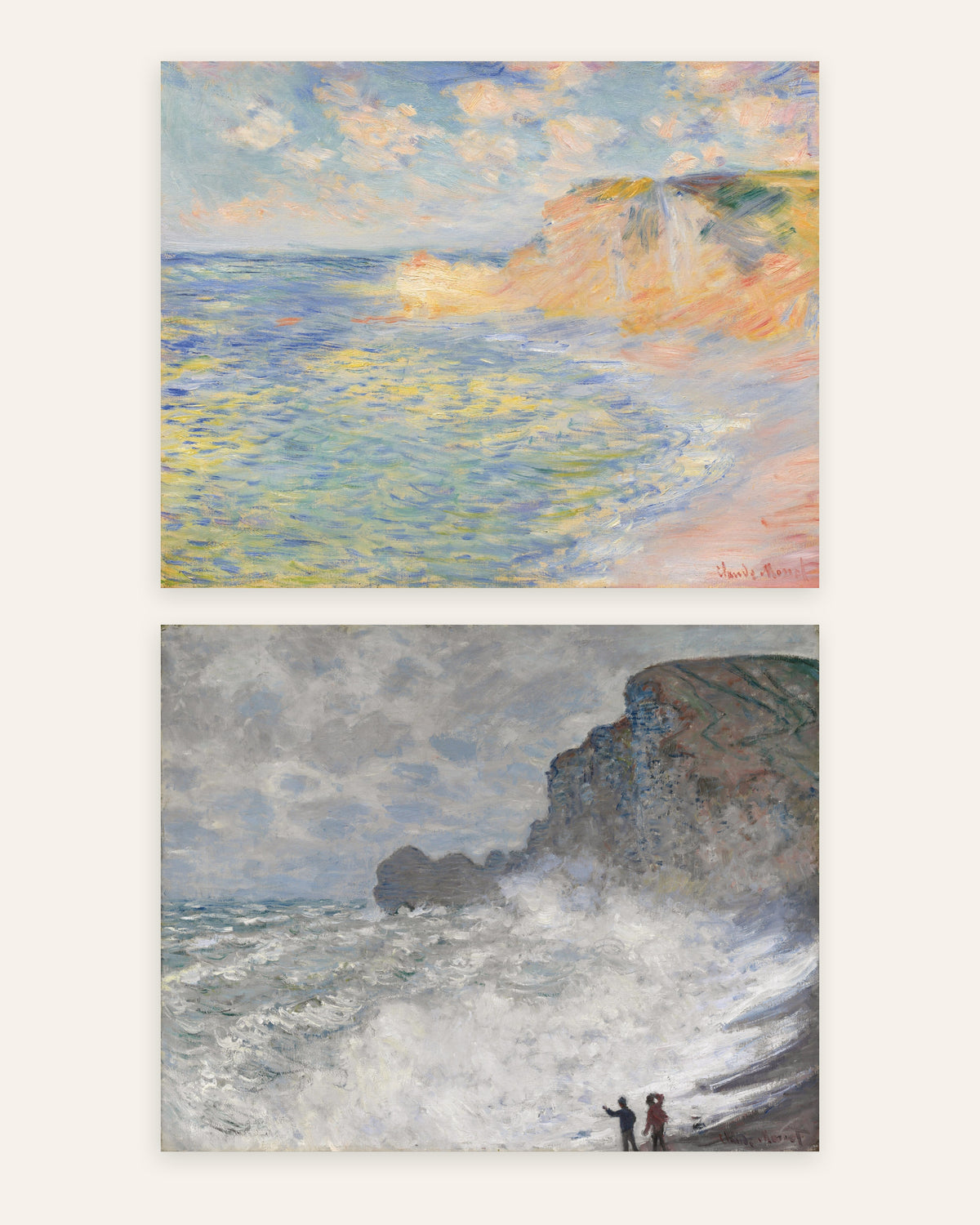Affiches Monet Étretat, lot de 2 : falaise d’Amont et gros temps, sans cadre