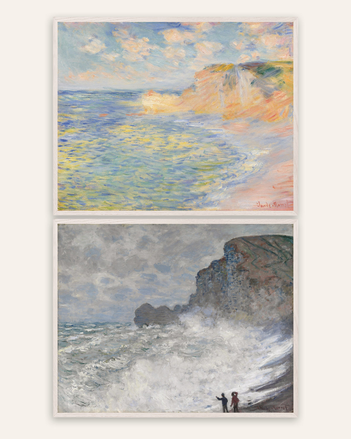 Affiches Monet Étretat, lot de 2 : falaise d’Amont et gros temps, cadres en chêne blanc