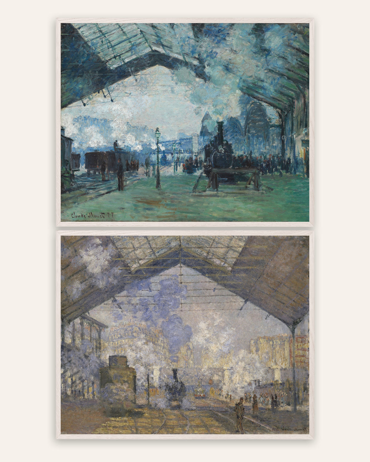 Affiches Monet Gare Saint-Lazare, lot de 2 : vapeur et trains, cadres en chêne blanc