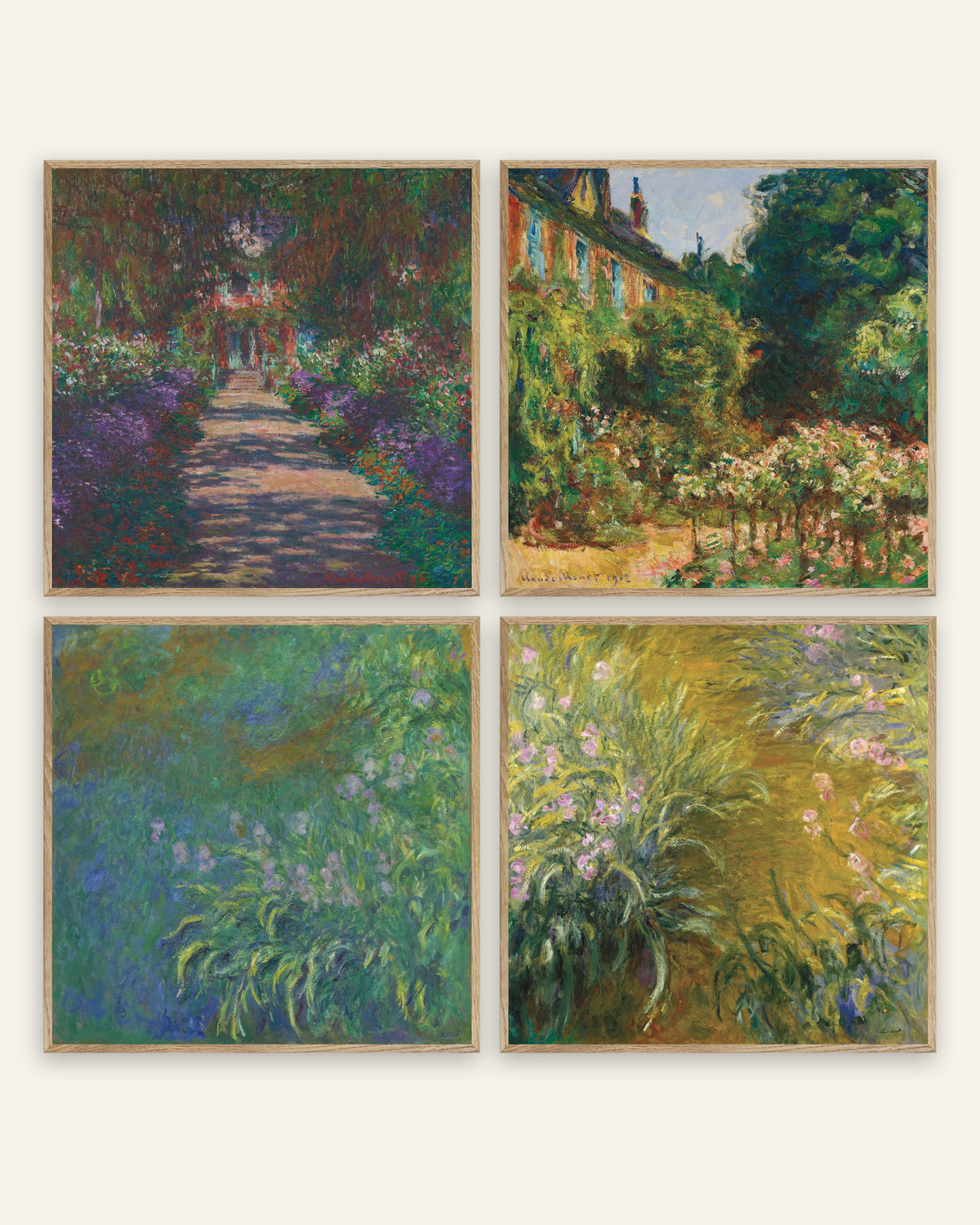 Affiches Monet jardin de Giverny, lot de 4 : allée, maison et iris, cadres en chêne naturel
