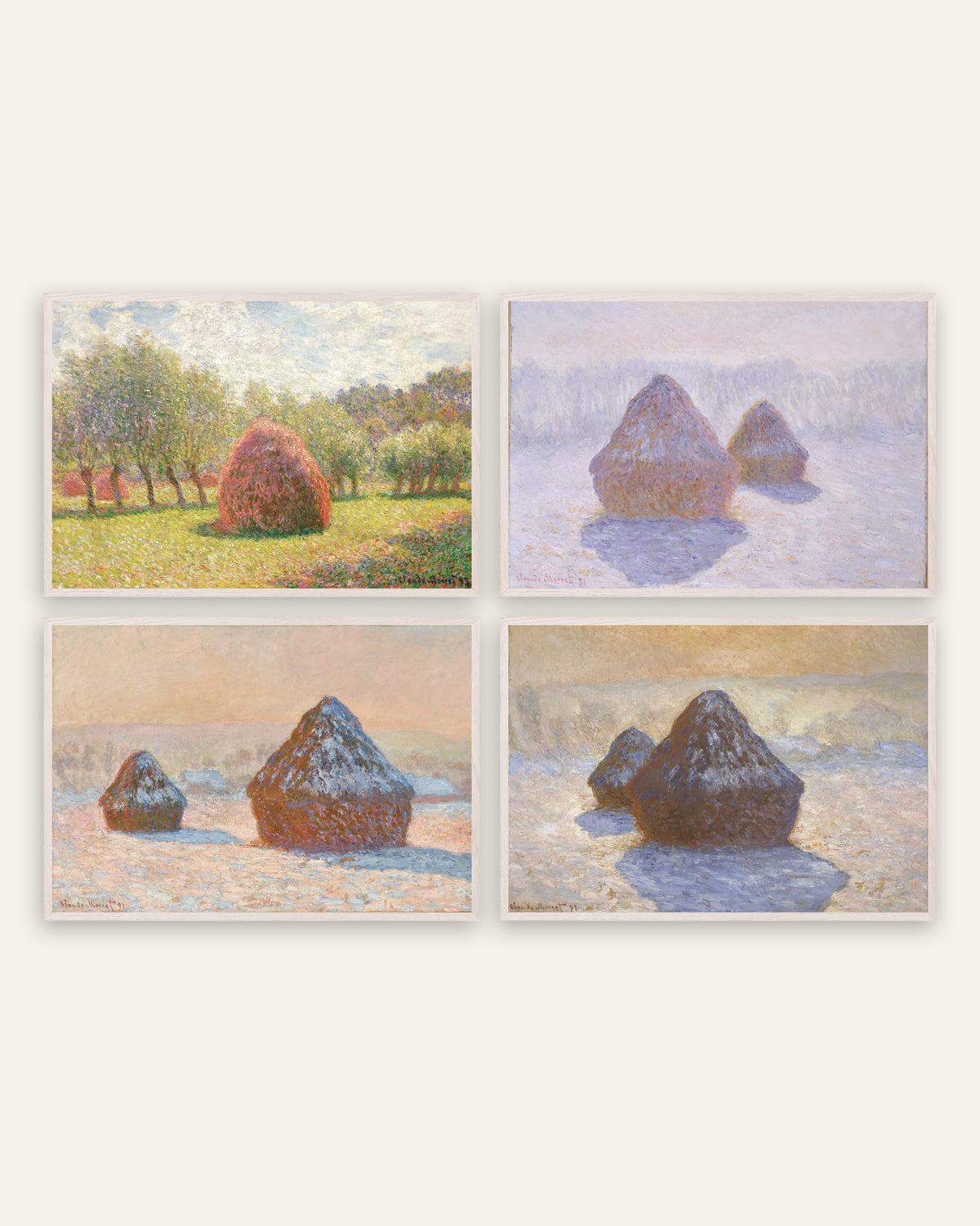 Affiches Monet Meules, lot de 4 : de l’été à la neige, cadres en chêne blanc