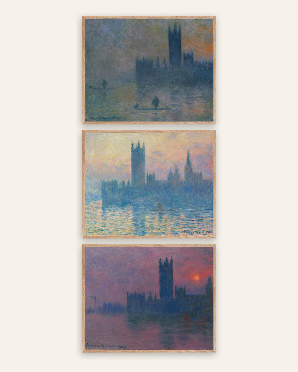 Affiches Monet Parlement de Londres, lot de 3 : brouillard et coucher de soleil, cadres en chêne naturel