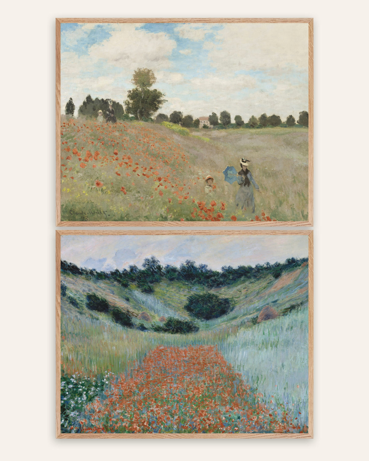 Affiches Monet Coquelicots, lot de 2 : Argenteuil et Giverny, cadres en chêne naturel