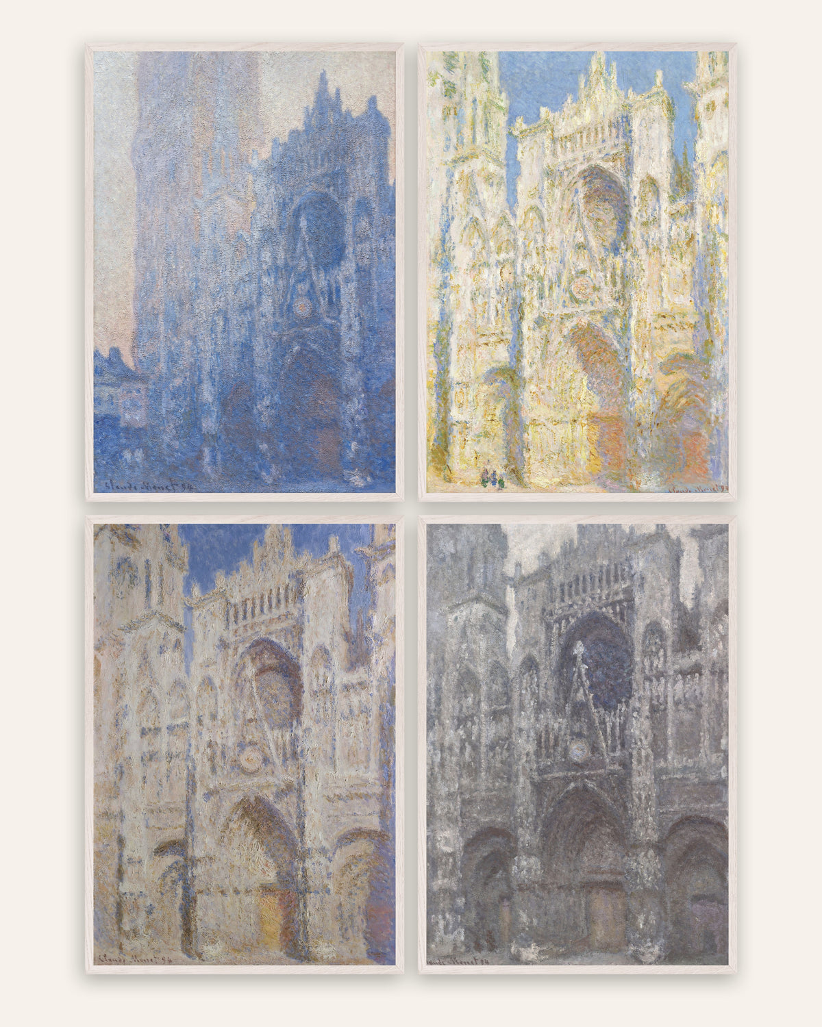 Affiches Monet Cathédrale de Rouen, lot de 4 : du matin au temps gris, cadres en chêne blanc