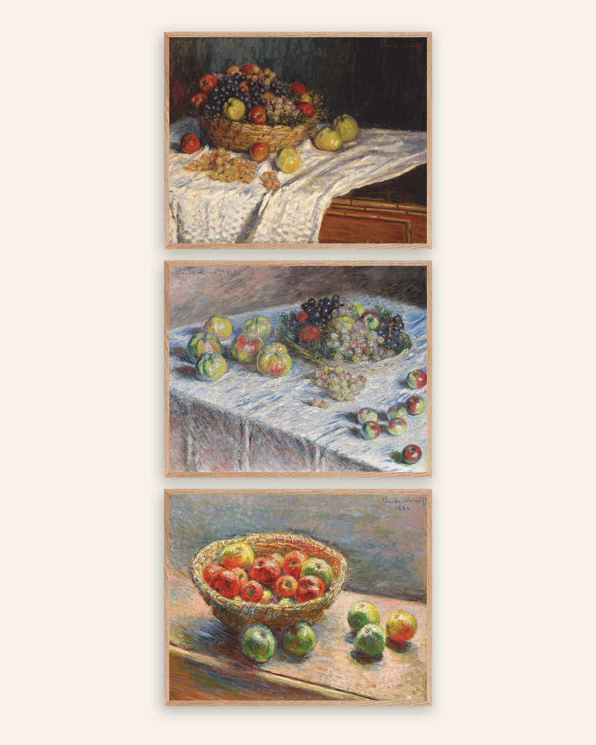 Affiches Monet natures mortes, lot de 3 : pommes, raisins et panier, cadres en chêne naturel