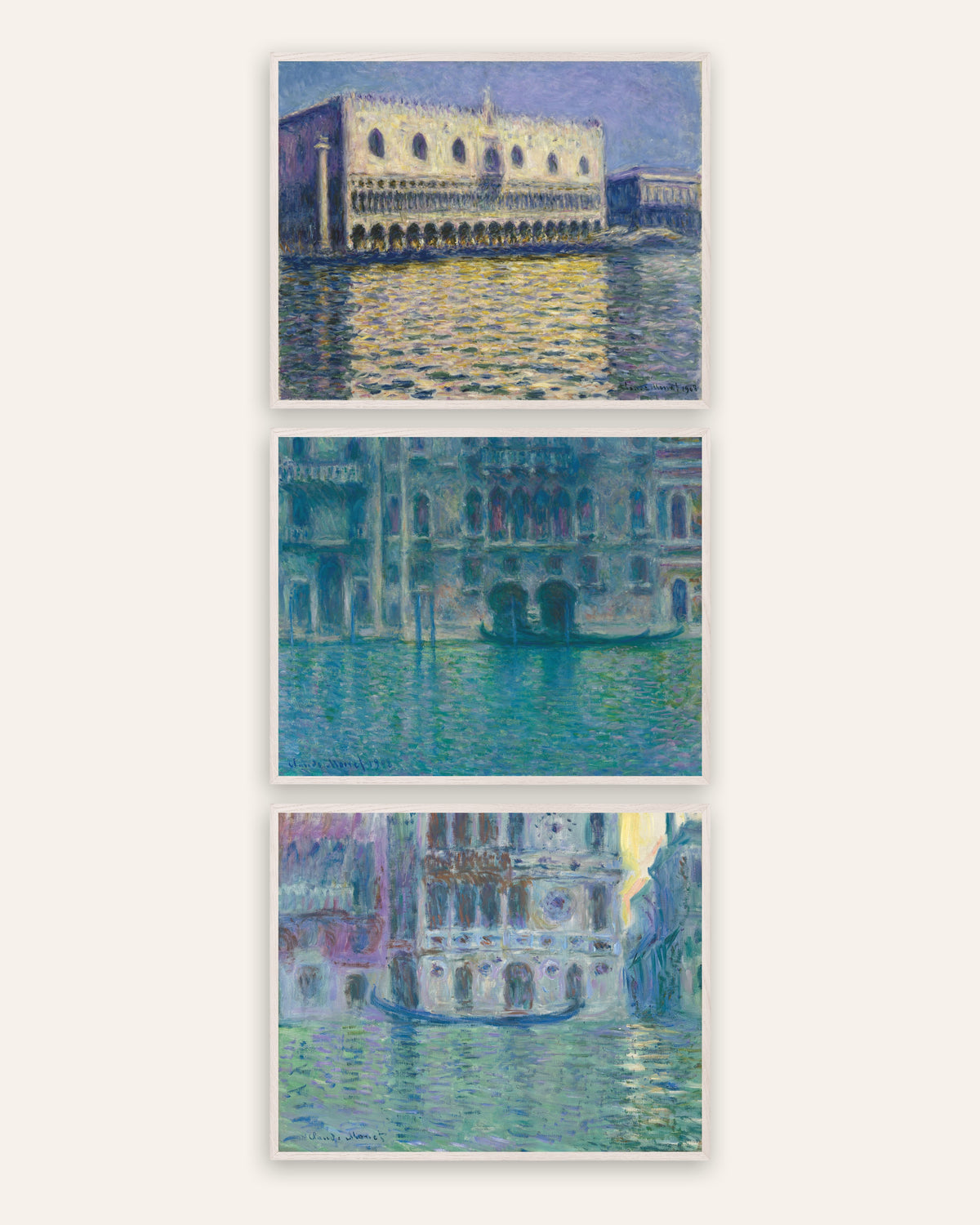 Affiches Monet Venise, lot de 3 : Palais ducal, palais da Mula et Dario, cadres en chêne blanc