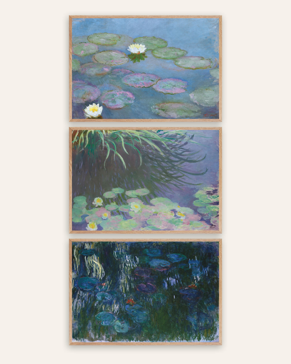 Affiches Monet Nymphéas, lot de 3 : premiers et derniers panoramas, cadres en chêne naturel