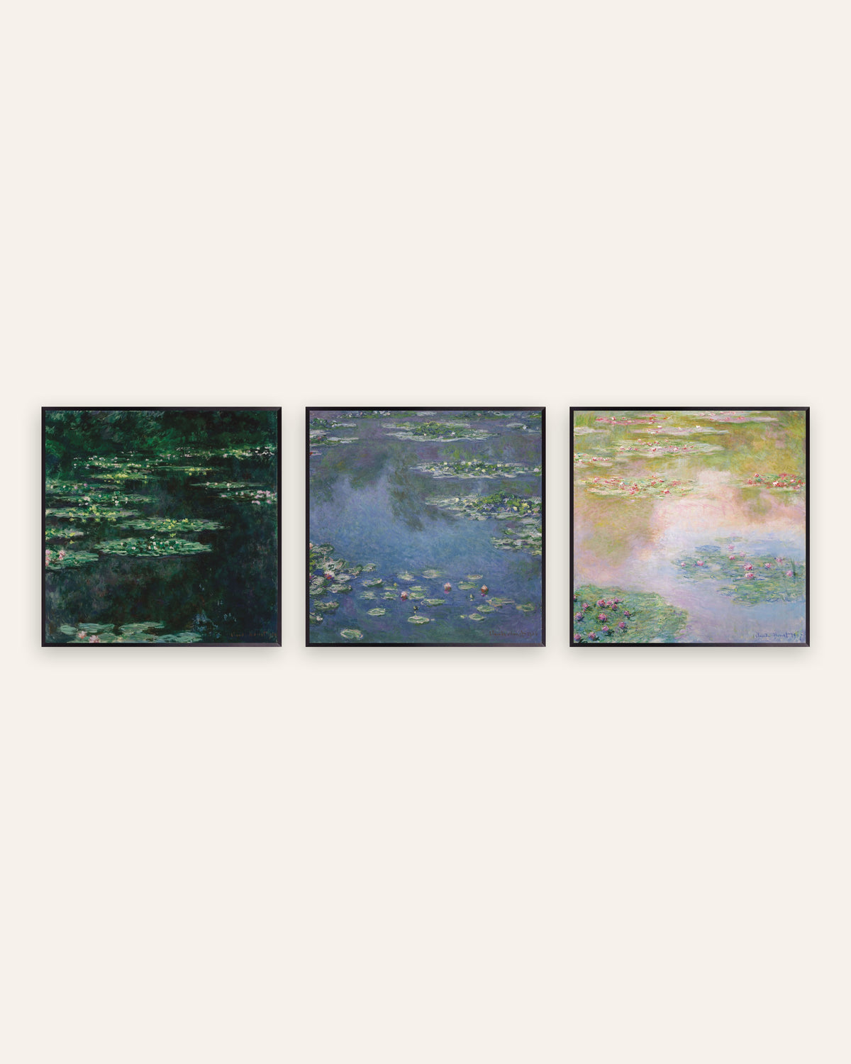 Affiches Monet Nymphéas, lot de 3 : le bassin au format carré, cadres en métal noir