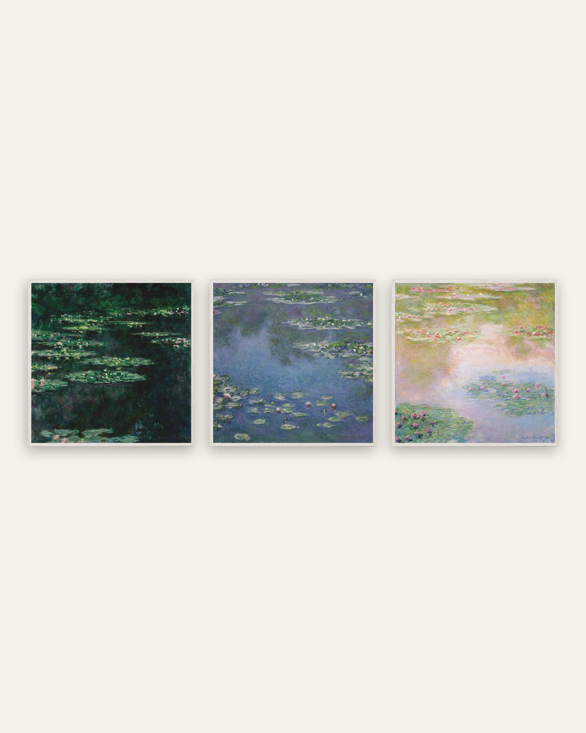 Affiches Monet Nymphéas, lot de 3 : le bassin au format carré, cadres en chêne blanc