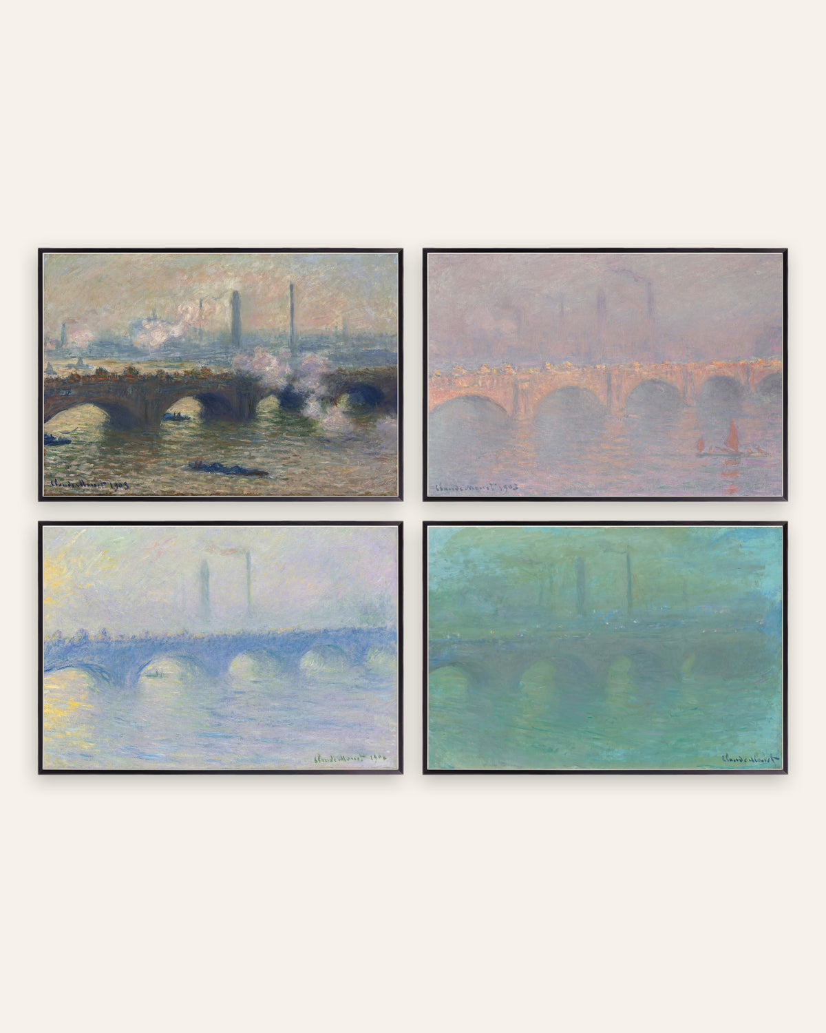 Affiches Monet Waterloo Bridge, lot de 4 : temps gris, soleil voilé, brume et crépuscule, cadres en métal noir