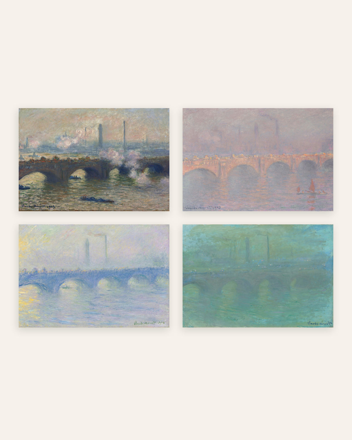 Affiches Monet Waterloo Bridge, lot de 4 : temps gris, soleil voilé, brume et crépuscule, sans cadre