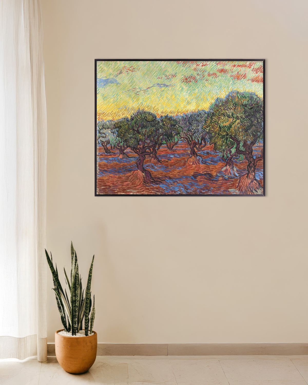 Poster Oliveraie sous un ciel orangé (1889) de Vincent van Gogh, avec un cadre en métal