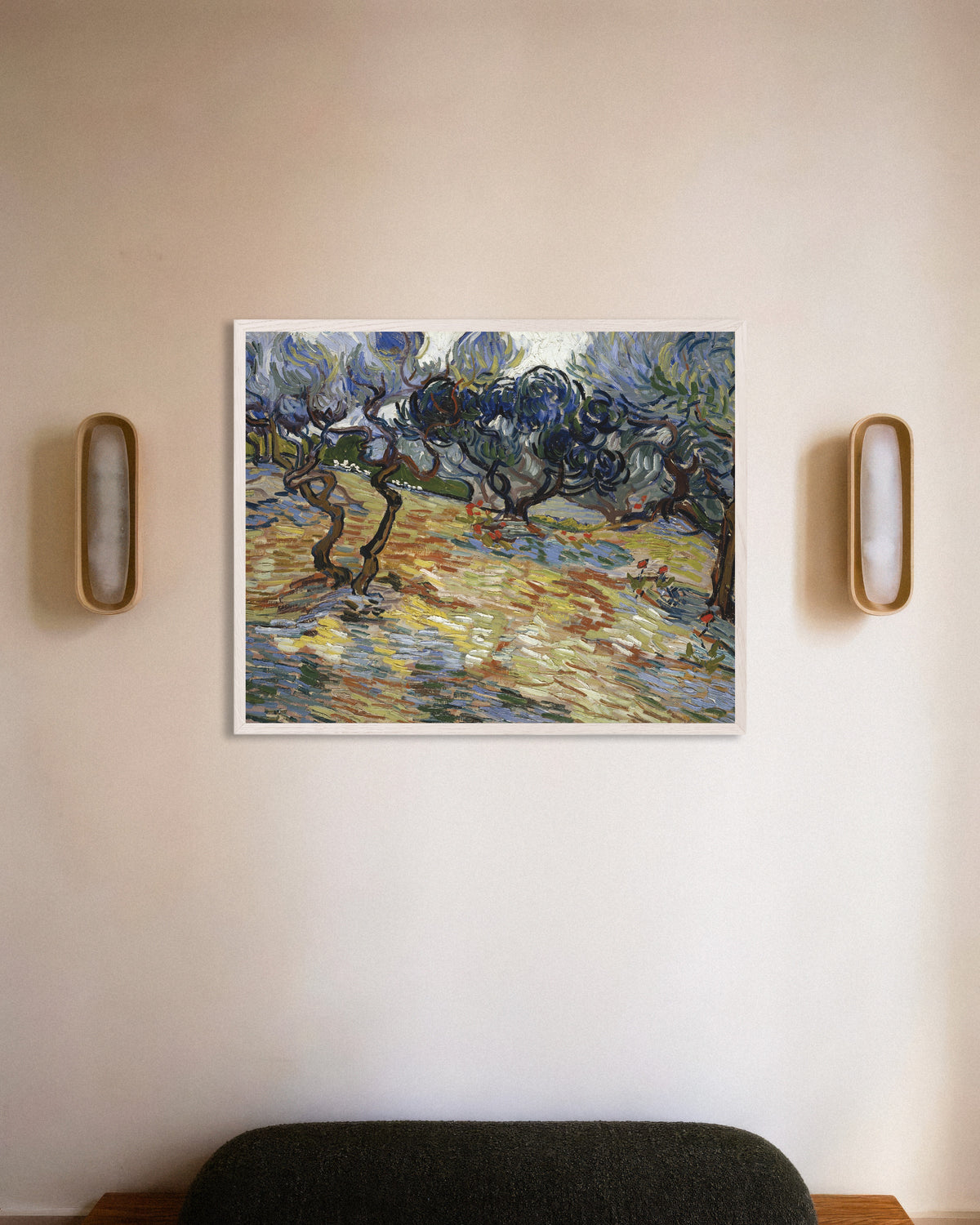 Poster de Les Oliviers (1889) de Vincent van Gogh, avec un cadre en bois blanc