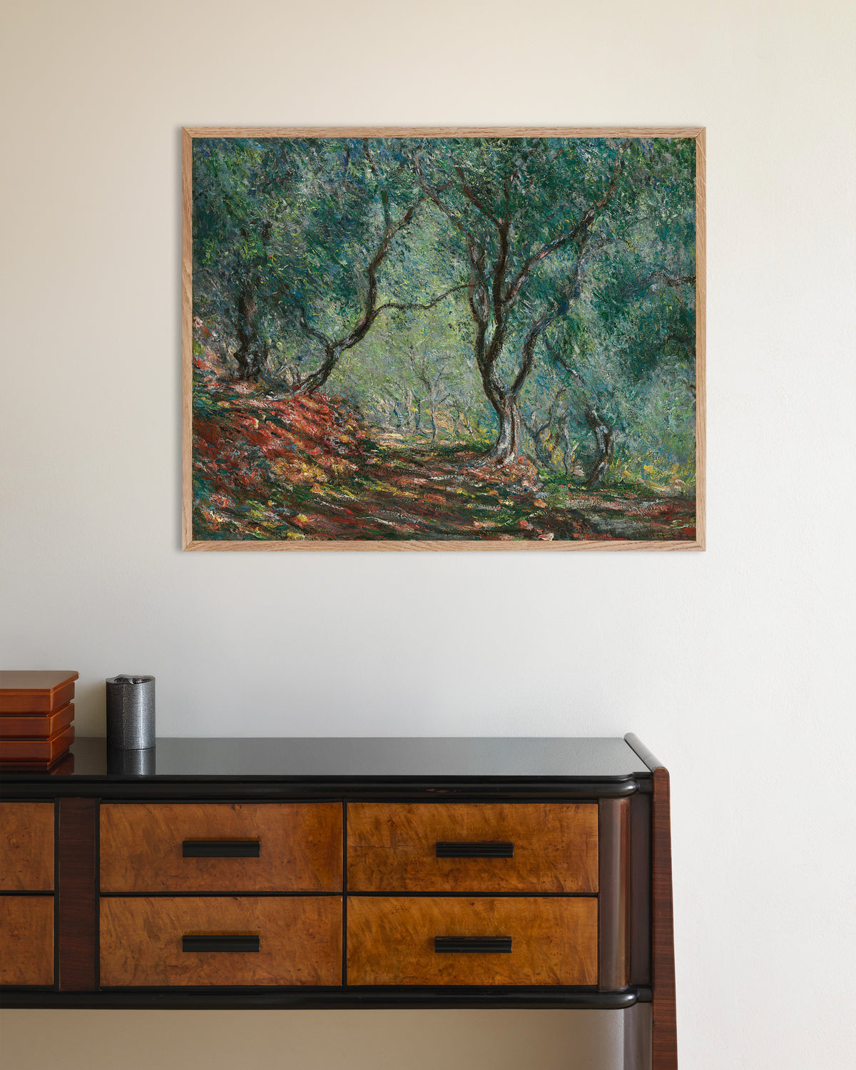 Affiche Bois d'oliviers au jardin Moreno (1884) de Claude Monet, avec un cadre en bois naturel