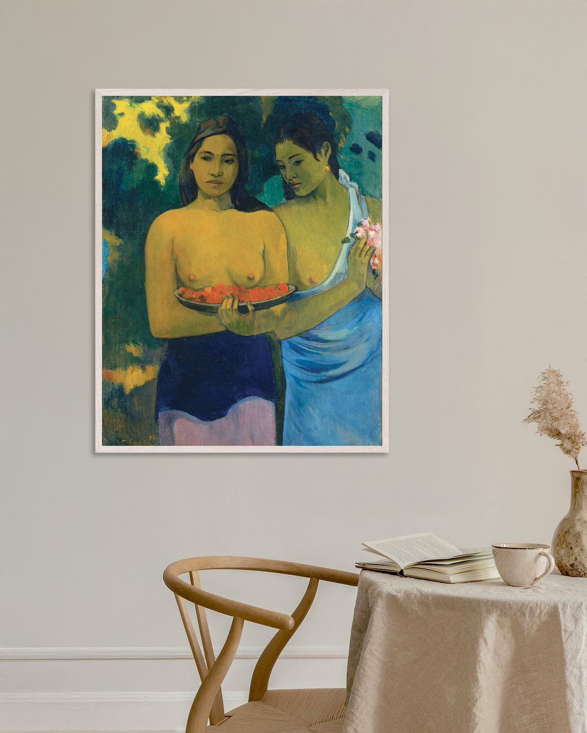 Poster of Paul Gauguin, Two Tahitian Women - Art Print, with white wooden frame