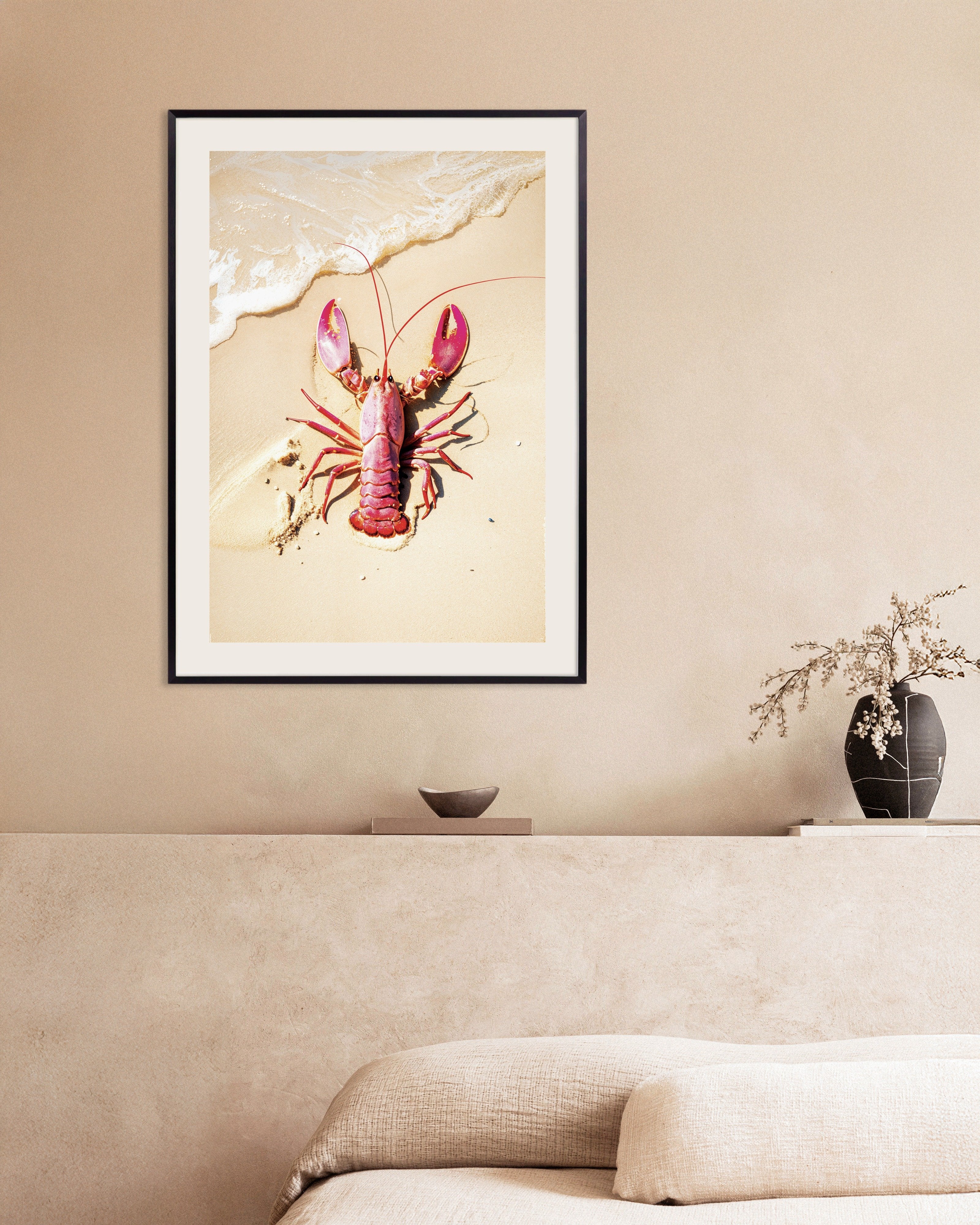 Poster of Pink lobster on a beach - Poster, with metal frame