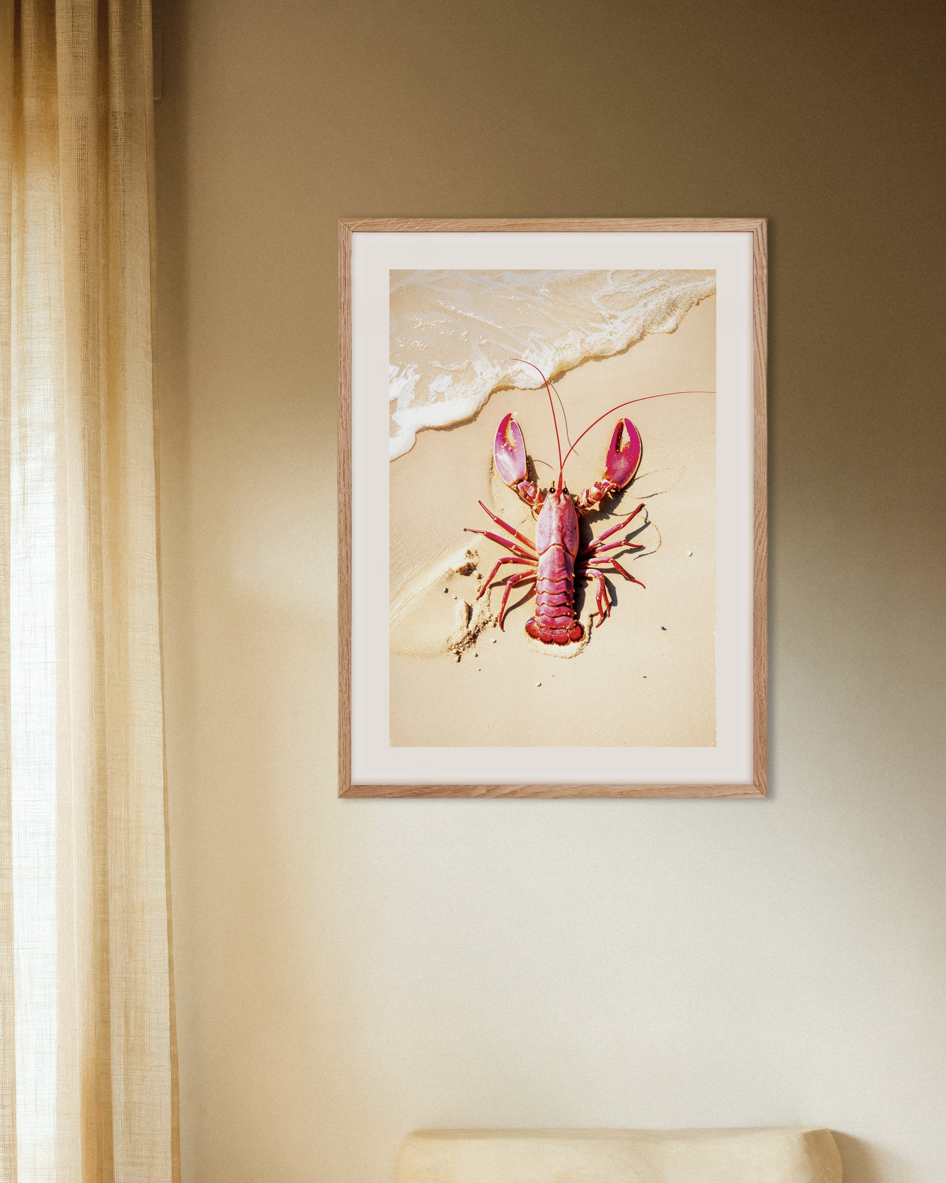 Poster of Pink lobster on a beach - Poster, with natural wooden frame