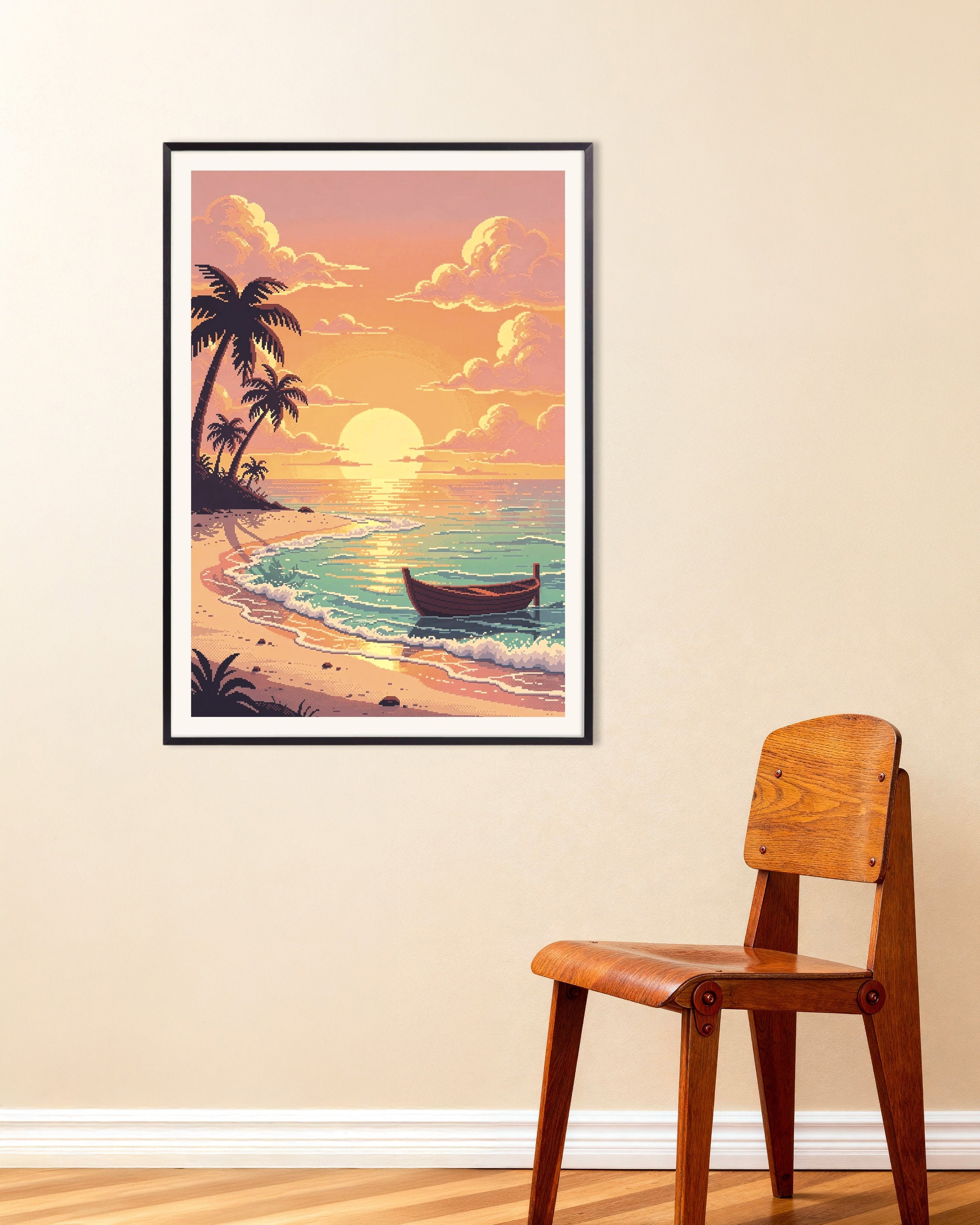Poster of Pixel Beach Sunset Boat Poster, with metal frame