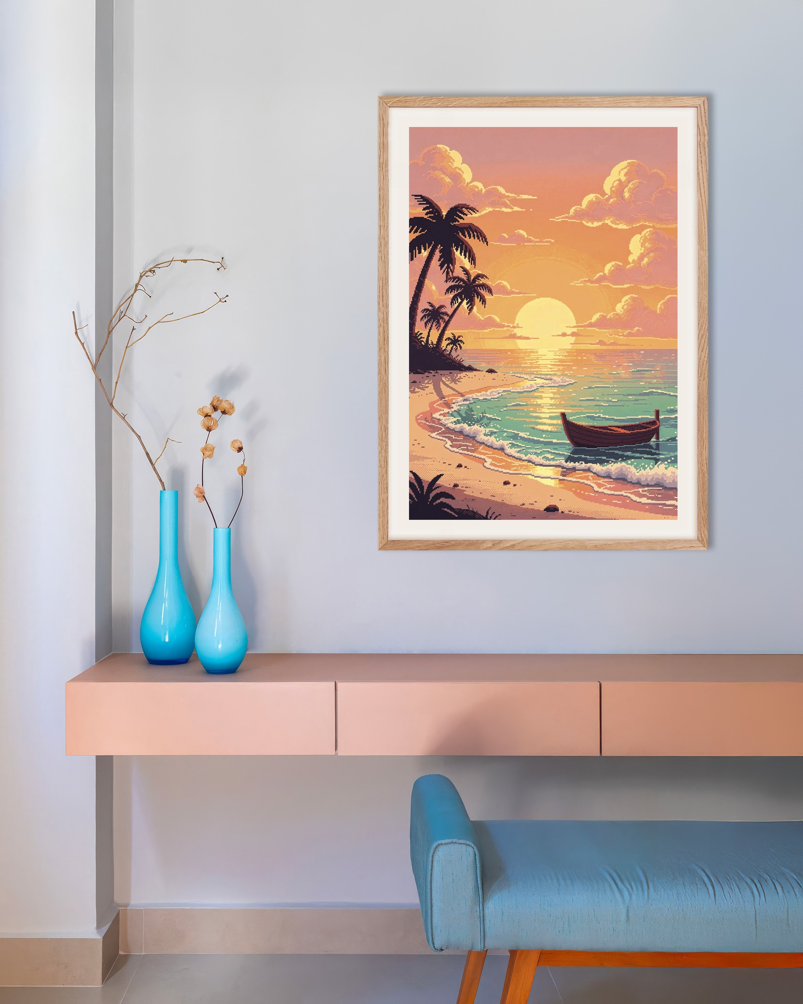 Poster of Pixel Beach Sunset Boat Poster, with natural wooden frame