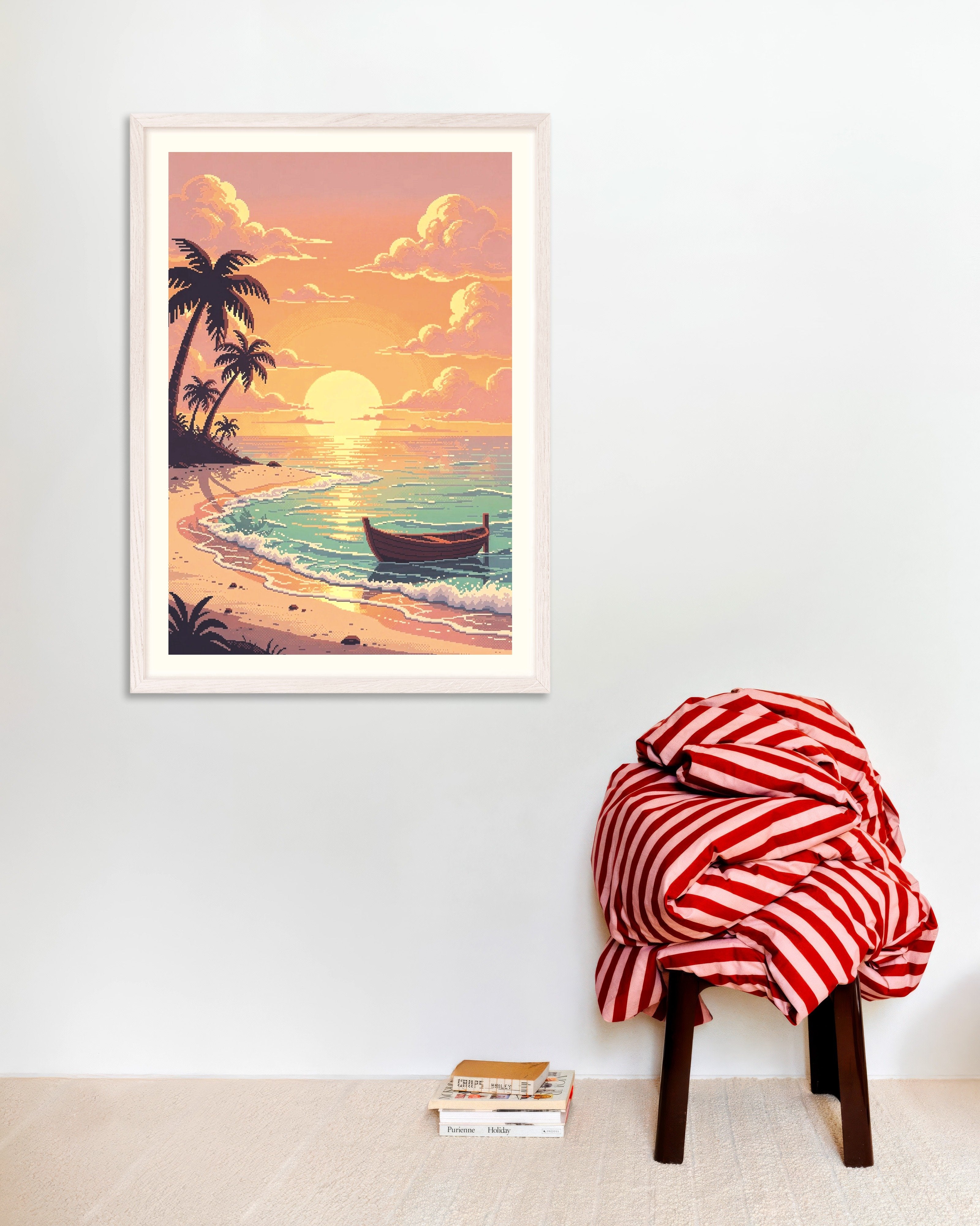 Poster of Pixel Beach Sunset Boat Poster, with white wooden frame