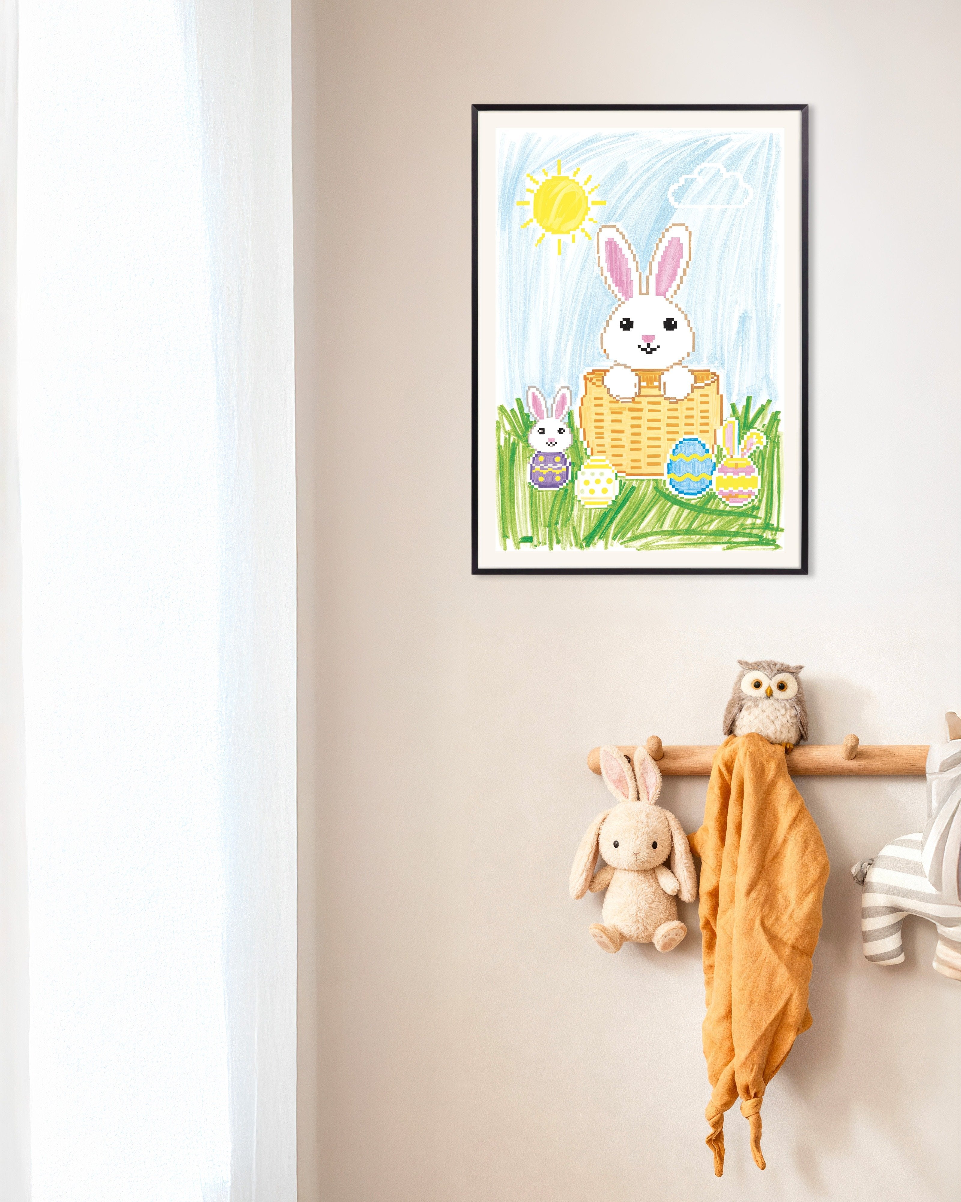 Poster of Pixel Bunny Basket – Easter Eggs & Sunshine, with metal frame