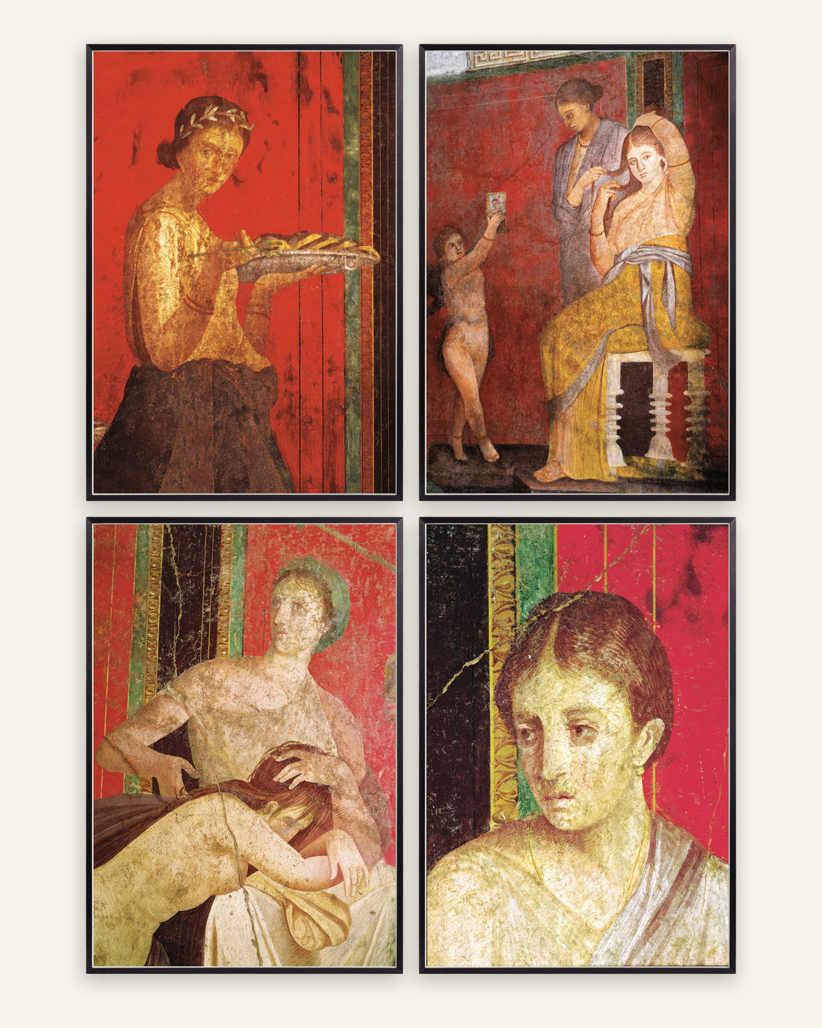 Affiches fresques de Pompéi, lot de 4 : Villa des Mystères, cadres en métal noir
