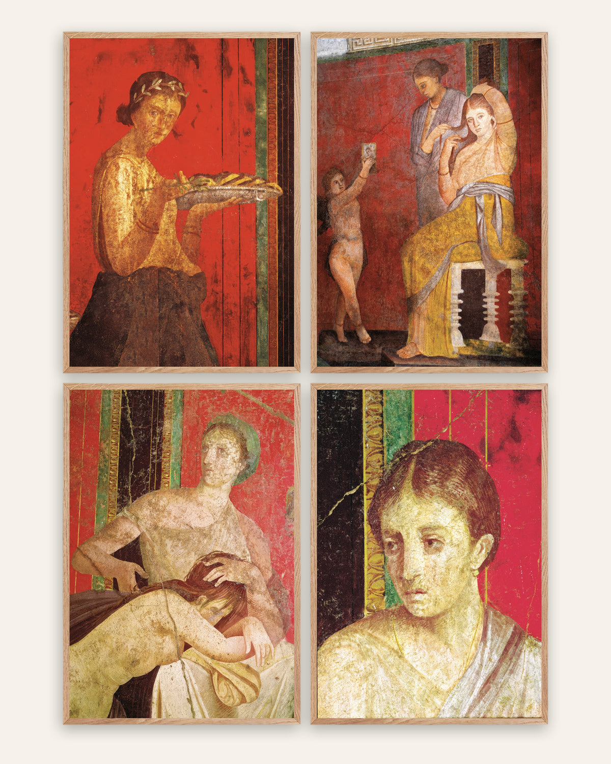 Affiches fresques de Pompéi, lot de 4 : Villa des Mystères, cadres en chêne naturel