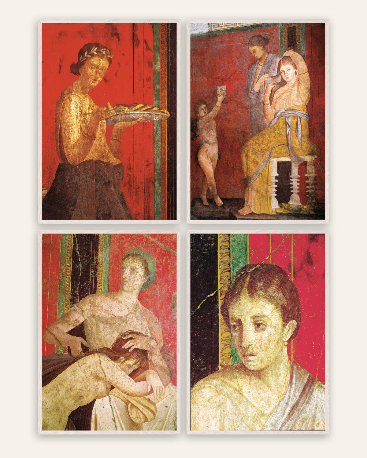 Affiches fresques de Pompéi, lot de 4 : Villa des Mystères, cadres en chêne blanc