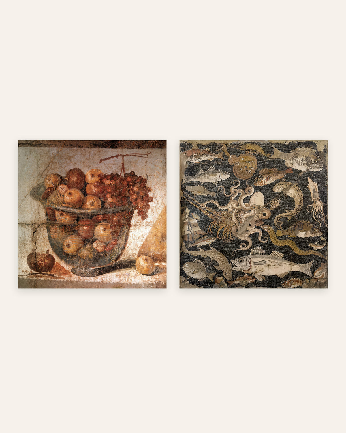 Affiches cuisine de Pompéi, lot de 2 : coupe de fruits et mosaïque aux poissons, sans cadre